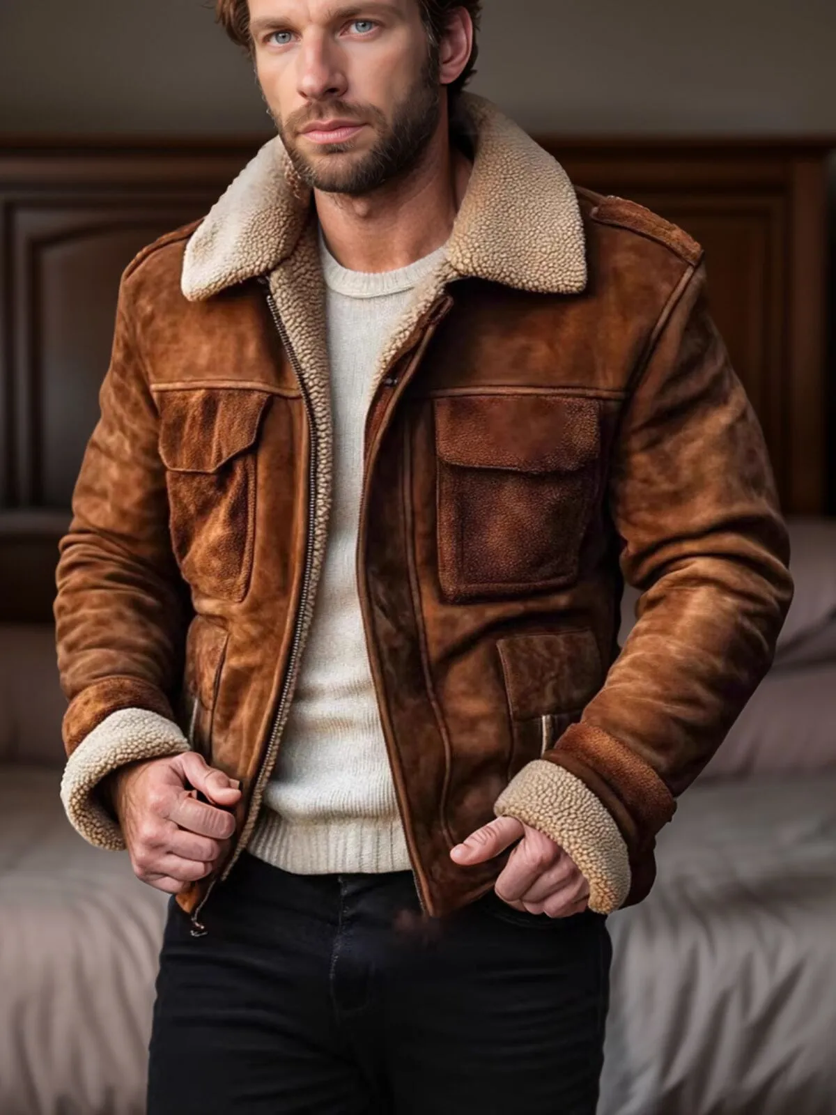 Men Faux Suede Jacket Fleece Jacket Business Casual Windbreaker Fleece Fall Winter Color Block Casual WorkWear, 1 of 4