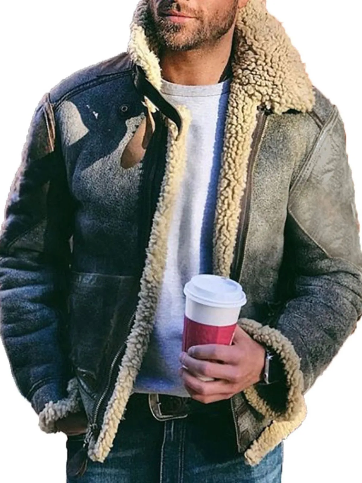 Men's Jacket Faux Shearling Jacket Lapel Warm Fleece Lined Leather Winter Flying Leather Jacket, 2 of 2