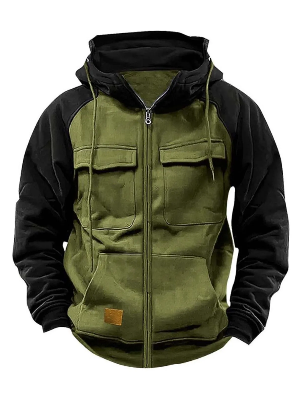 Men's Patchwork Hoodies Long Sleeve Full Zip Hooded Sweatshirt Vintage Sweatshirts Solid Drawstring Hoodie with 4 Pocket, 1 of 1