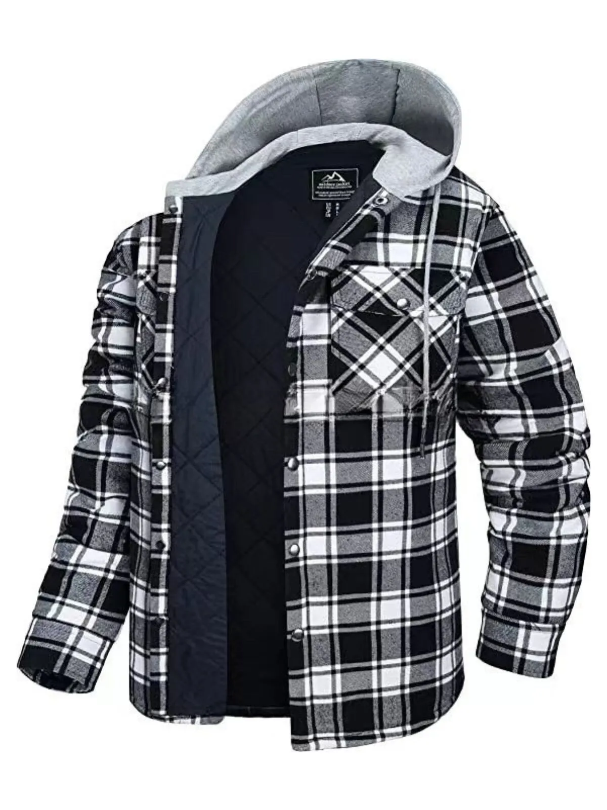 Men's Jacket Quilted Lined Flannel Hoodie Cotton Button Down Shirt Long Sleeve Plaid Shirt Shacket, 1 of 1