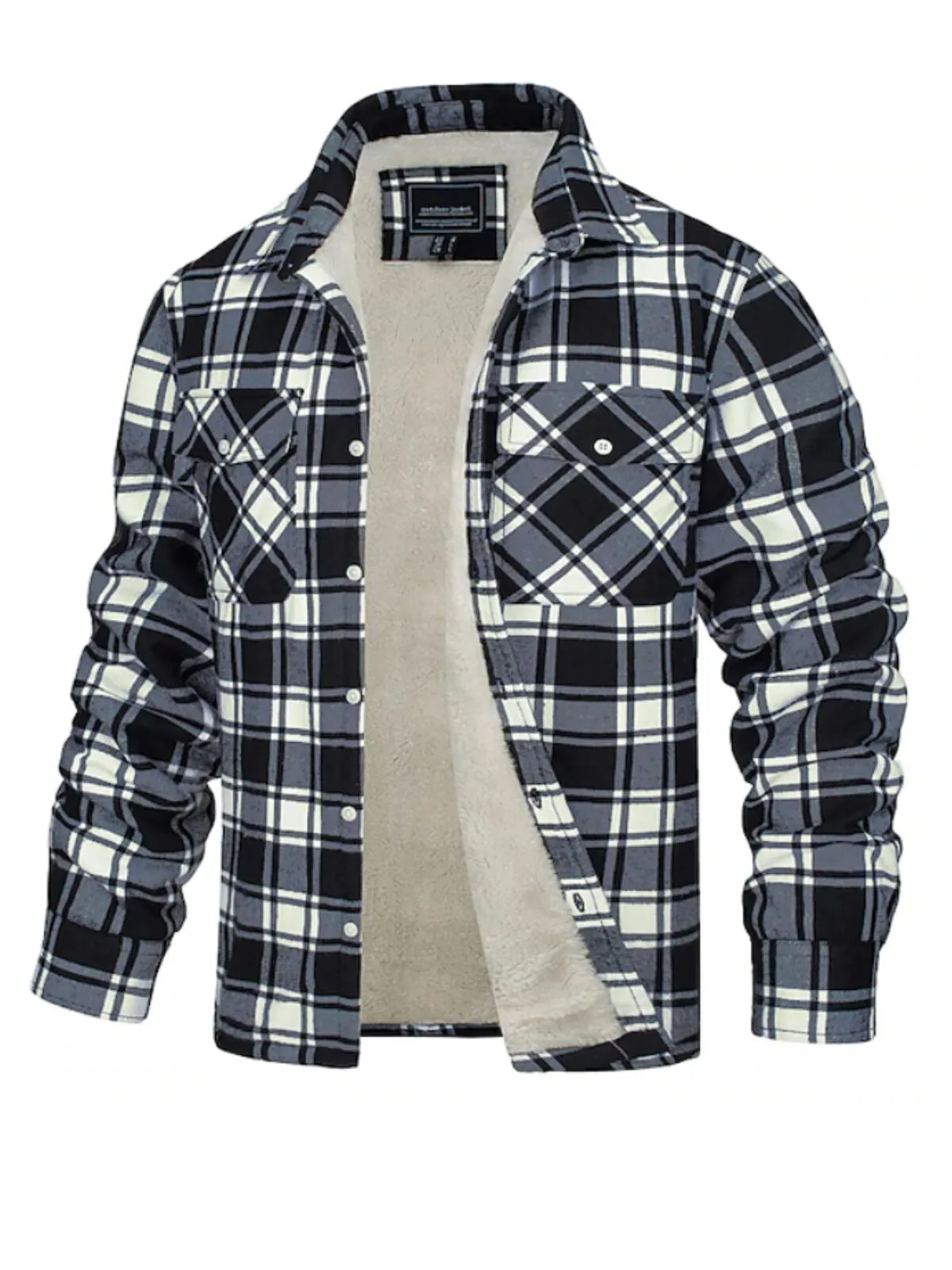 Men's Jacket Mens Fleece Full Zip Autumn and Winter Fashion Casual Check Square Lapel Pocket Fastening Clip Cotton Jacket, 1 of 1