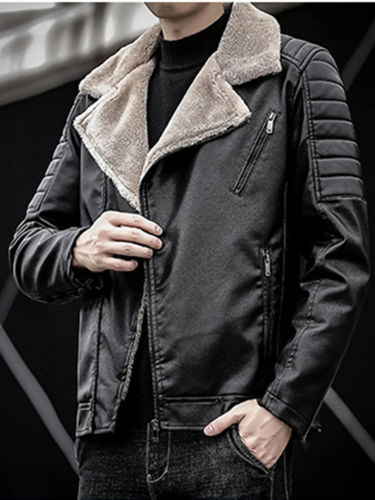 Men's Winter Thick Warm Lapel Pu Fleece Leather Jacket Casual Slim Leather Coat, 1 of 3