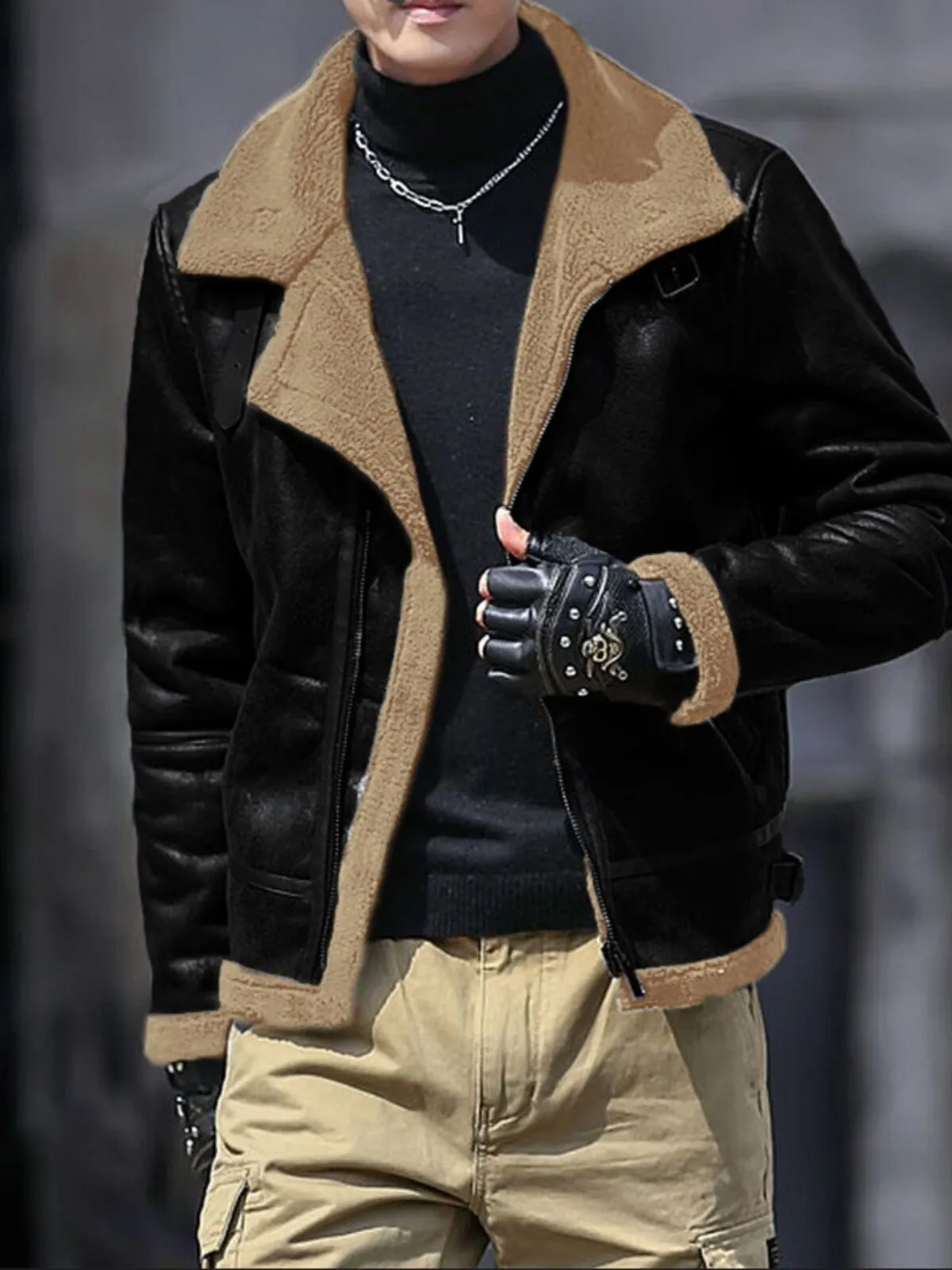 Men's Brown Fur Sheepskin Bomber Jacket Faux Leather Lapel Jacket Warm Trench Coat, 1 of 1