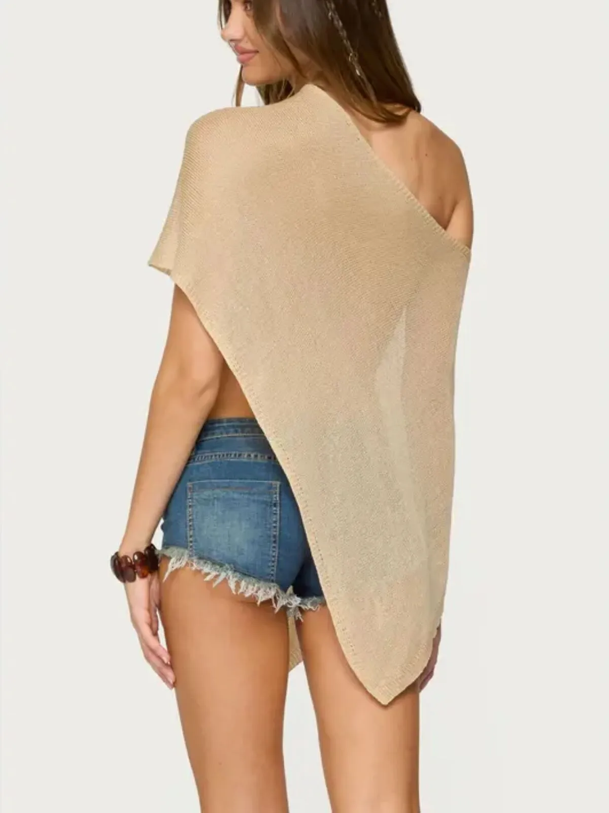 Solid Cape One Shoulder Knit Sheer Poncho Trendy Lightweight Asymmetric Top, 2 of 3