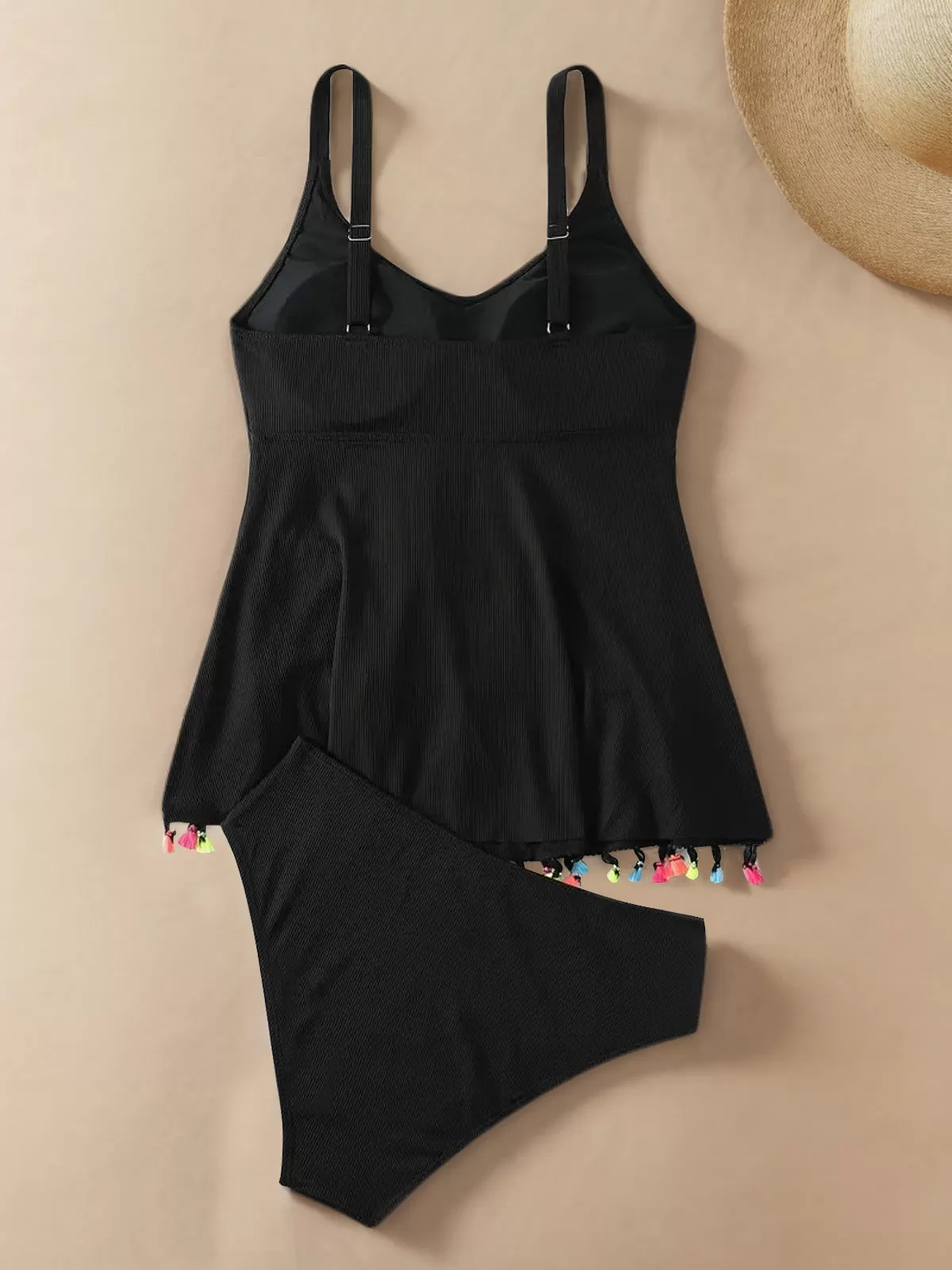 Plus Size Solid Fringe Medium Rise Tankini, 2 of 4