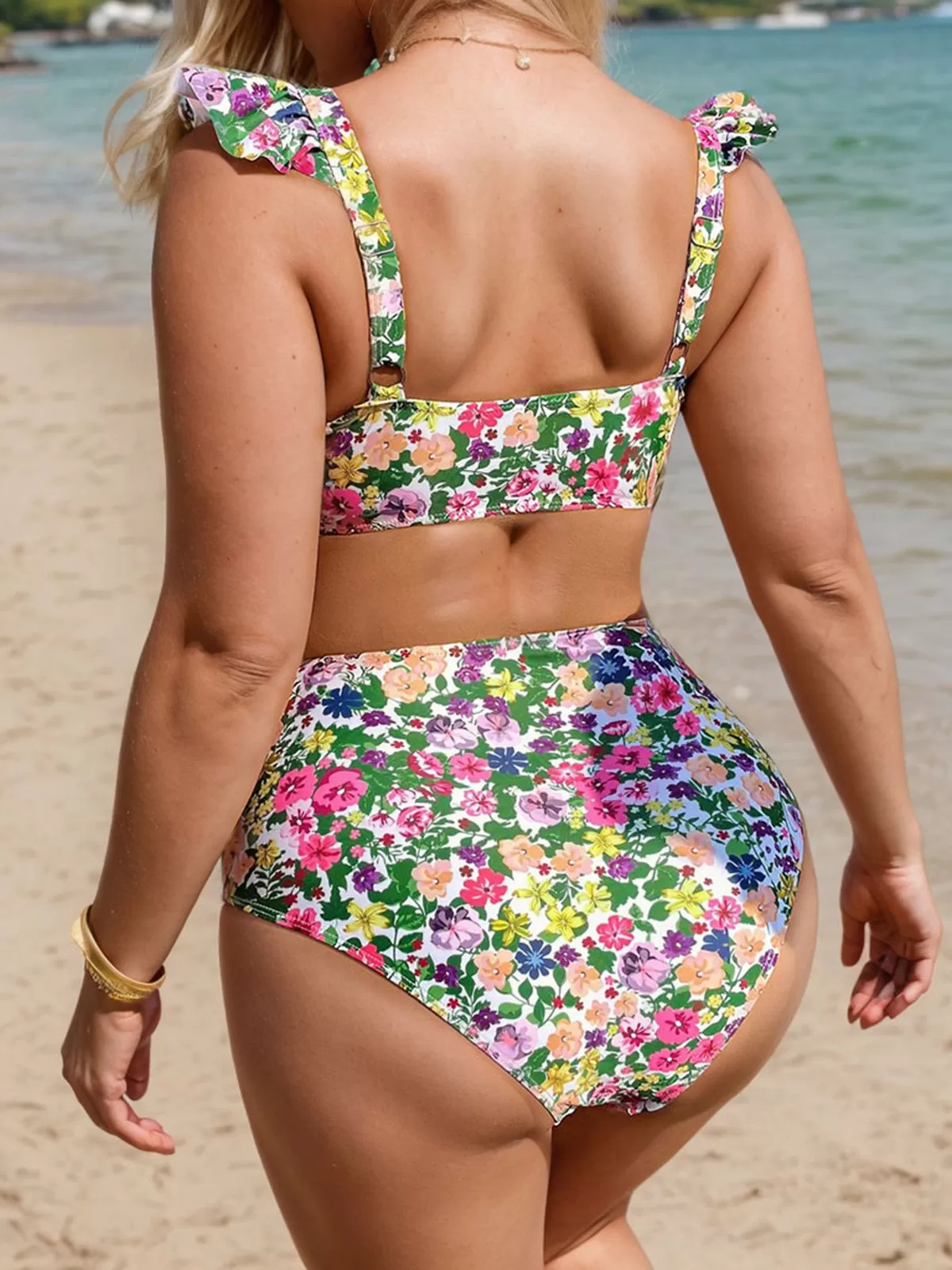 Plus Size Floral Ruffles High Rise V-neck Bikini , 2 of 5
