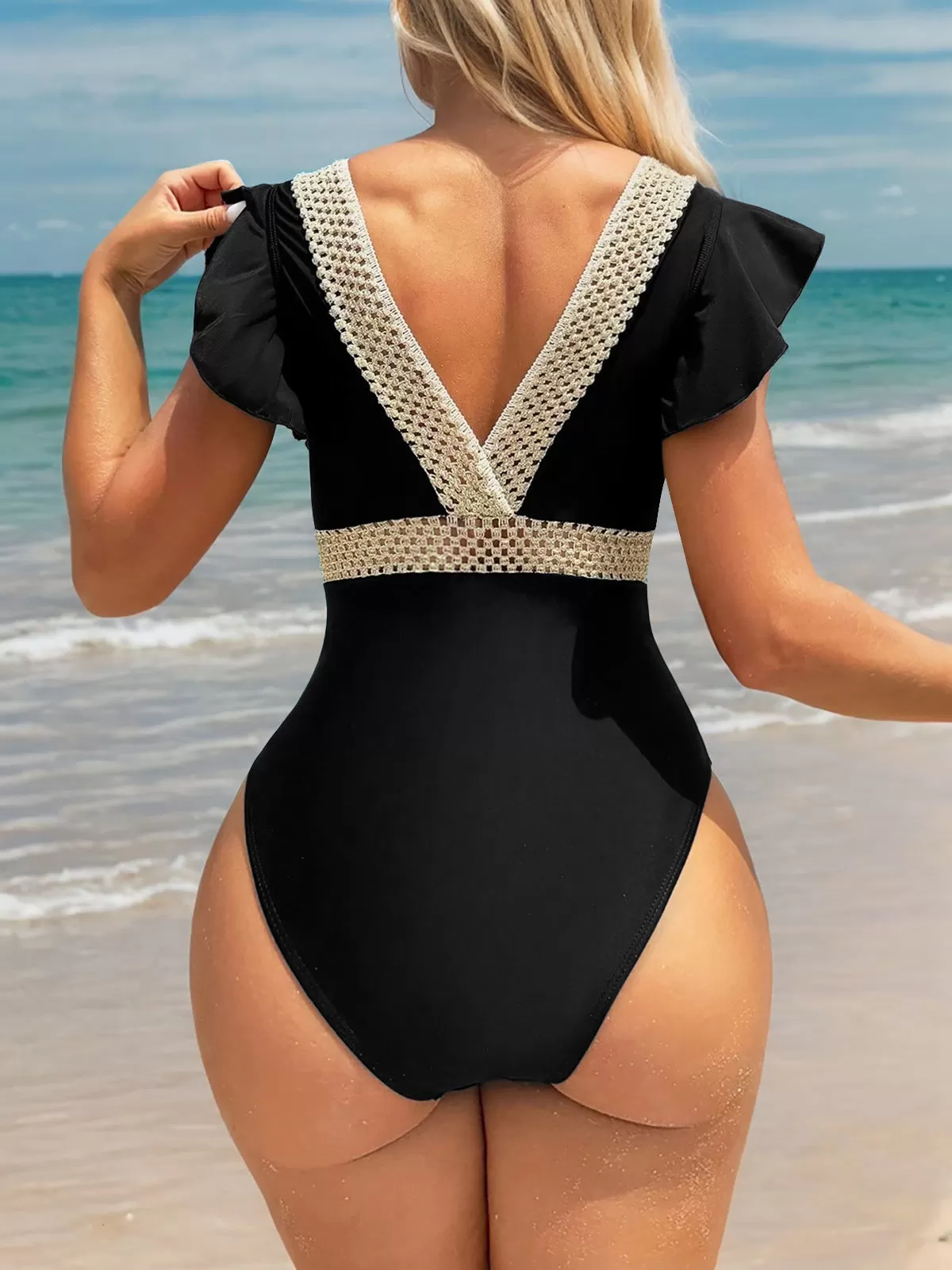Solid Ruffles High Rise V-neck One-piece, 2 of 6