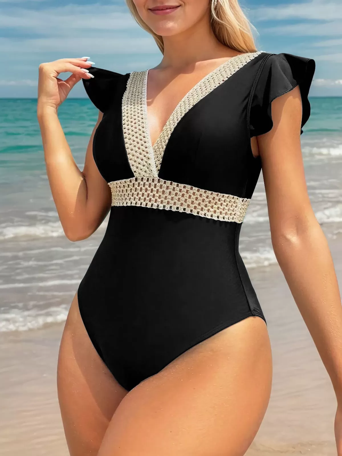 Solid Ruffles High Rise V-neck One-piece, 3 of 6