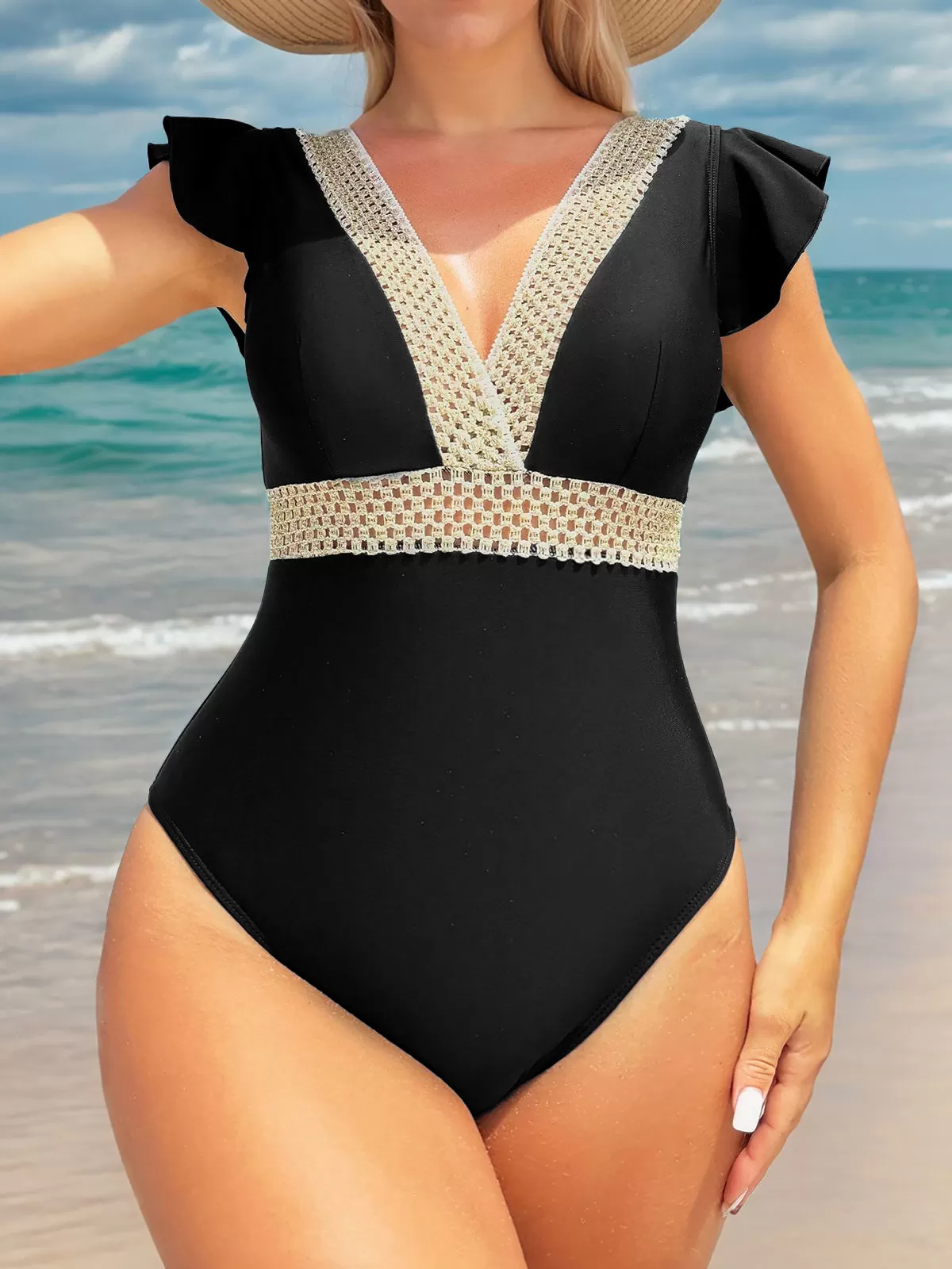 Solid Ruffles High Rise V-neck One-piece, 4 of 6
