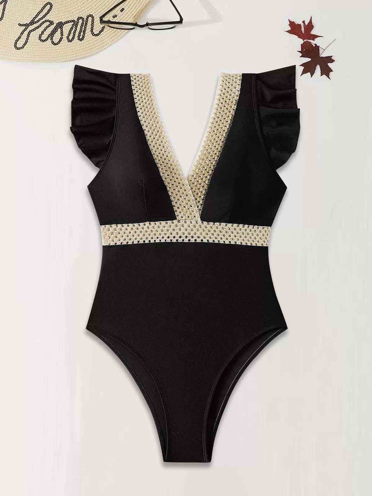 Solid Ruffles High Rise V-neck One-piece, 5 of 6