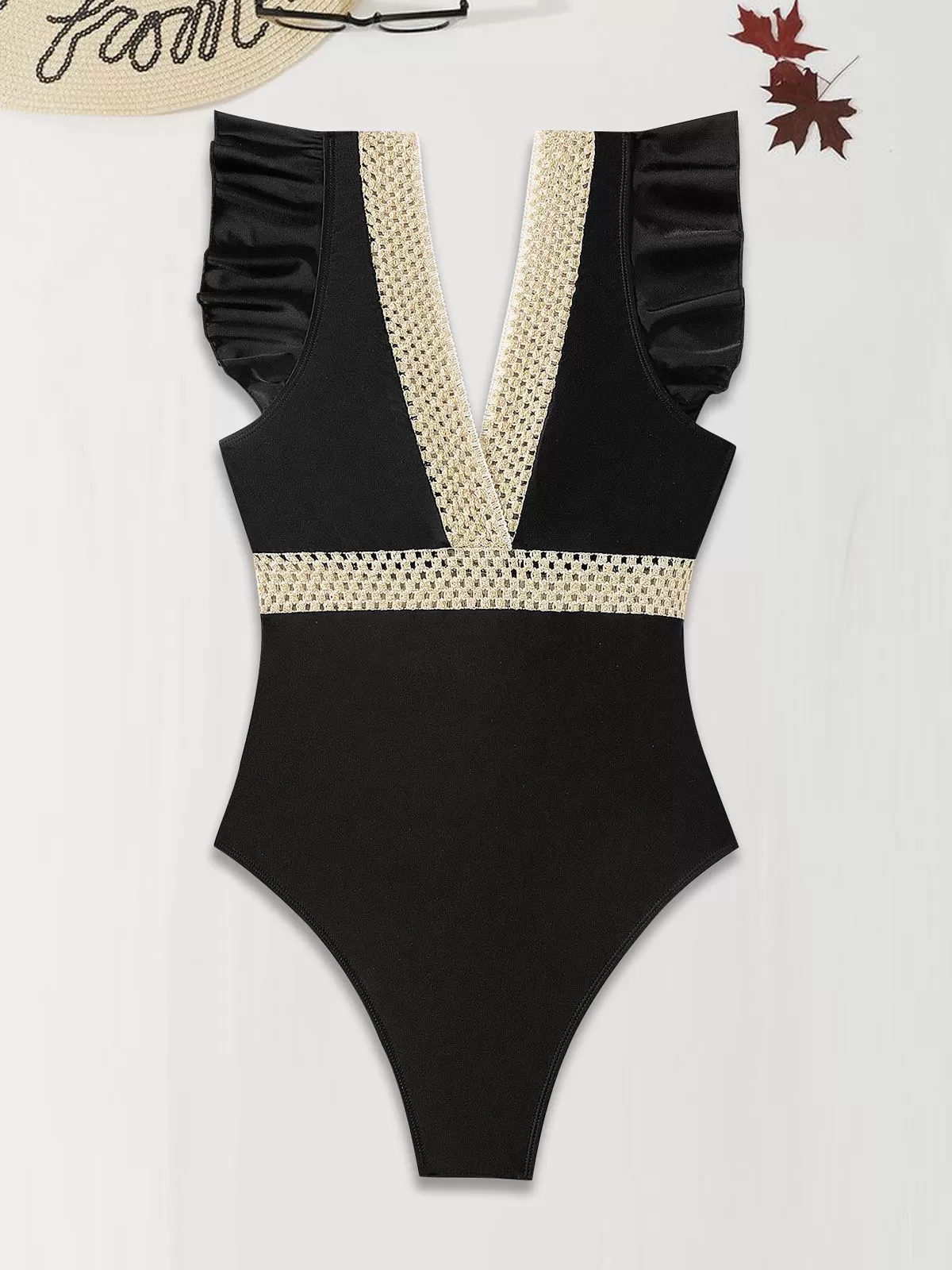 Solid Ruffles High Rise V-neck One-piece, 6 of 6