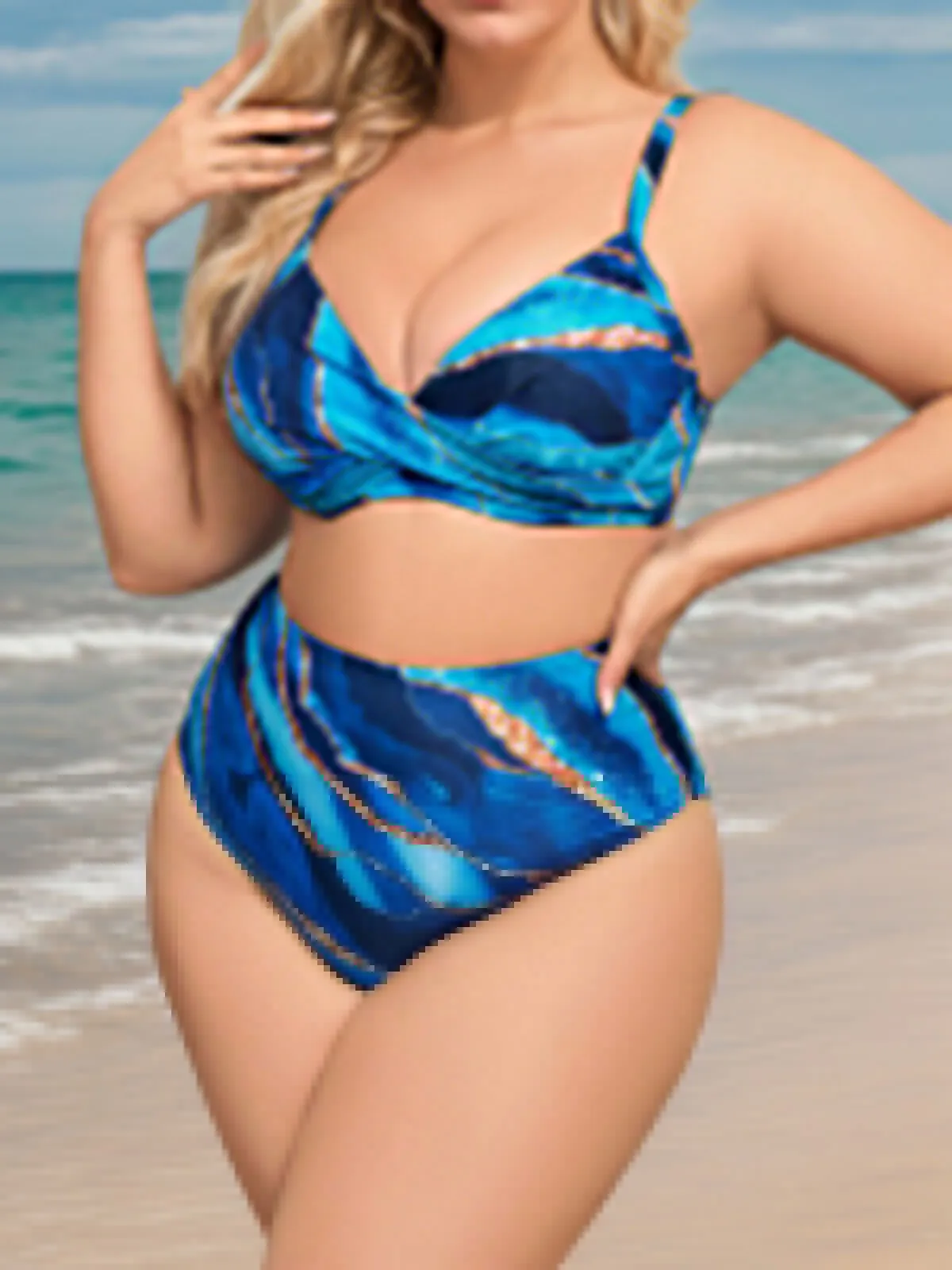 Plus Size All Over Print Metal Button Medium Rise Bikini, 4 of 5