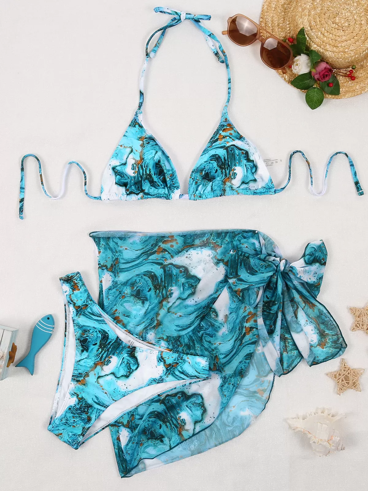 Marble Print Lace-up High Rise Bikini Sets, 3 of 6