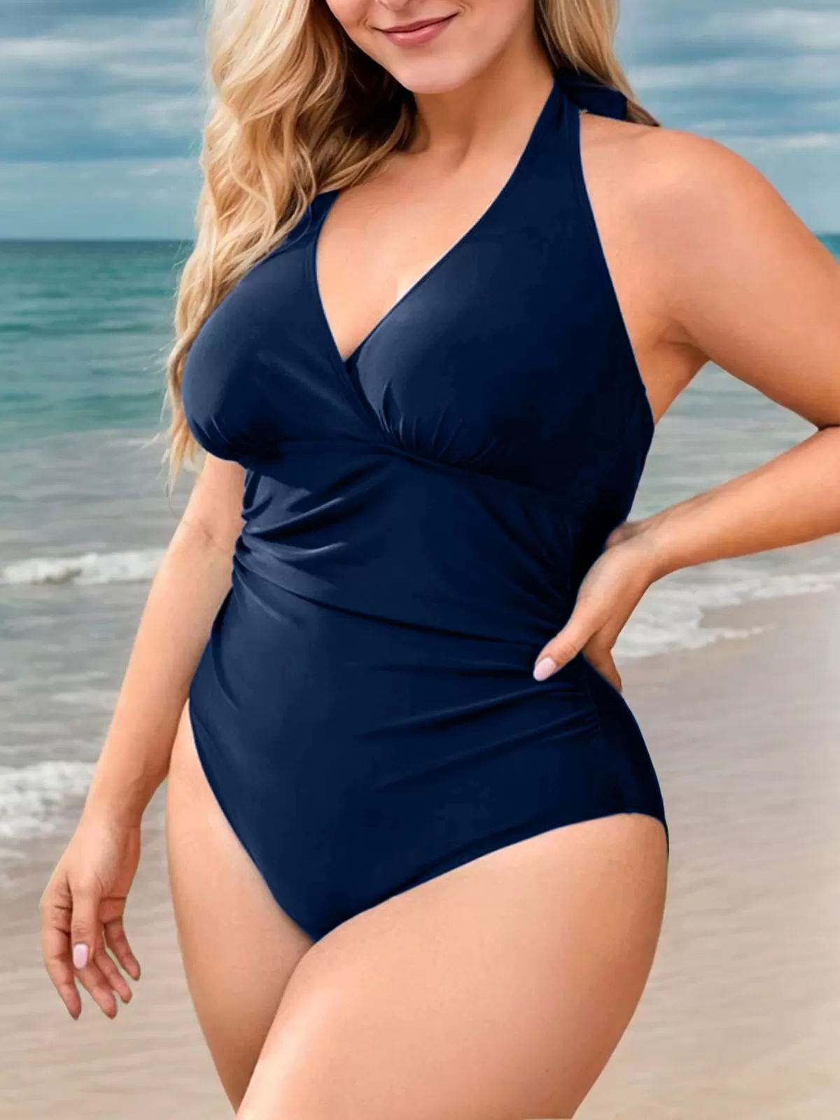 Plus Size Solid Medium Rise Deep V Neck One-piece, 4 of 5