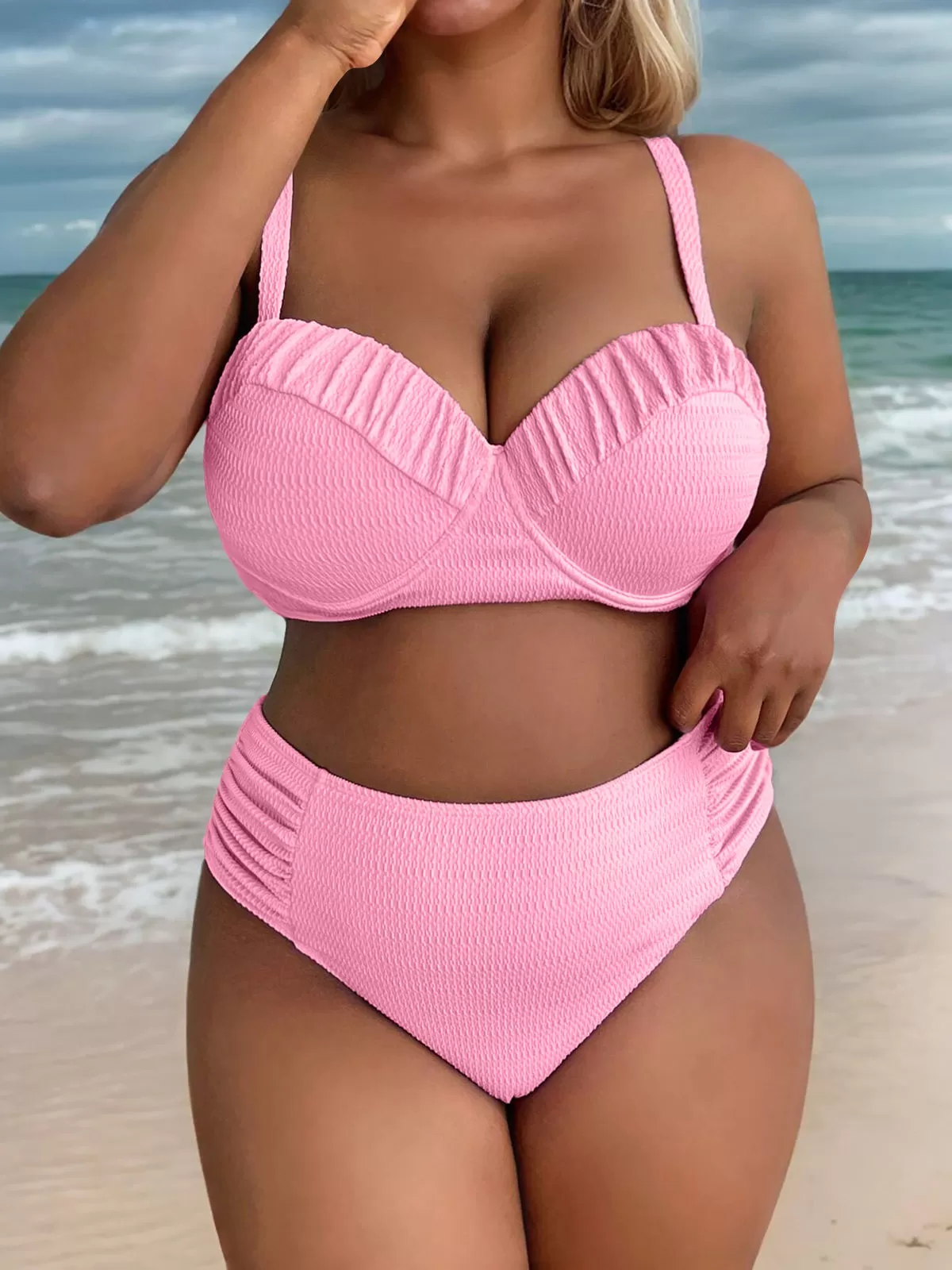 Plus Size Solid Wrinkle Medium Rise Bikini, 3 of 5