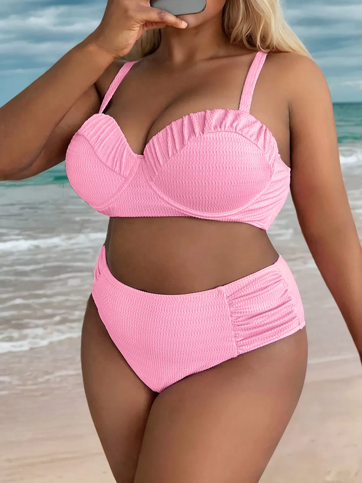 Plus Size Solid Wrinkle Medium Rise Bikini, 5 of 5