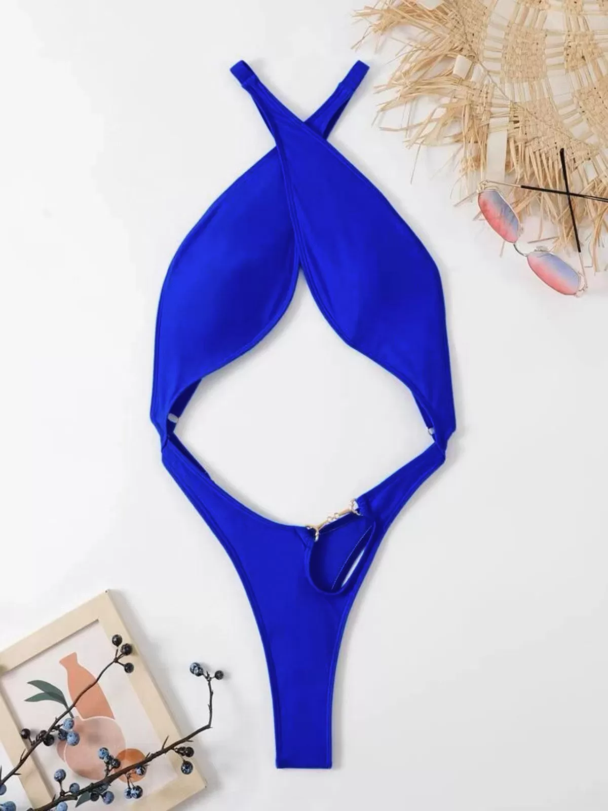 Solid Metal Button Halter High Rise One-piece , 2 of 3