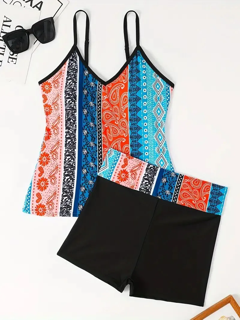 Bohemian Spaghetti Strap Wireless Bra Tankini, 3 of 5