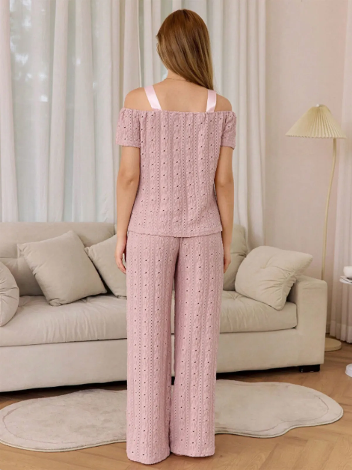 2pcs Solid Bow Pajama Pants Set, 2 of 3