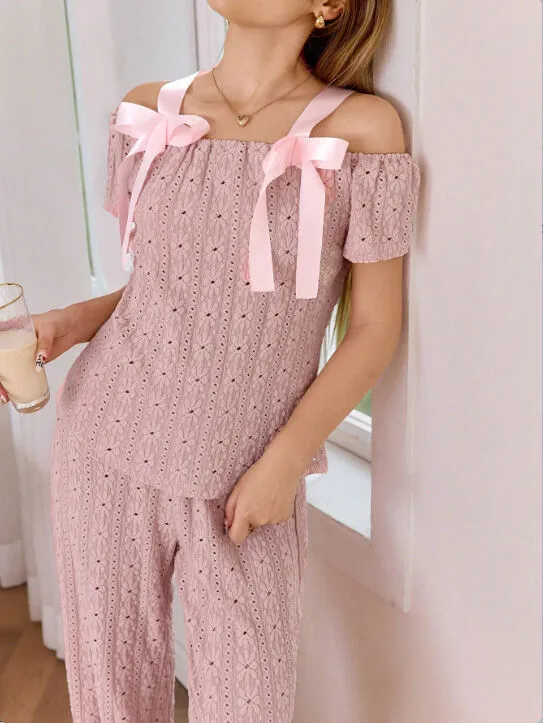 2pcs Solid Bow Pajama Pants Set, 3 of 3