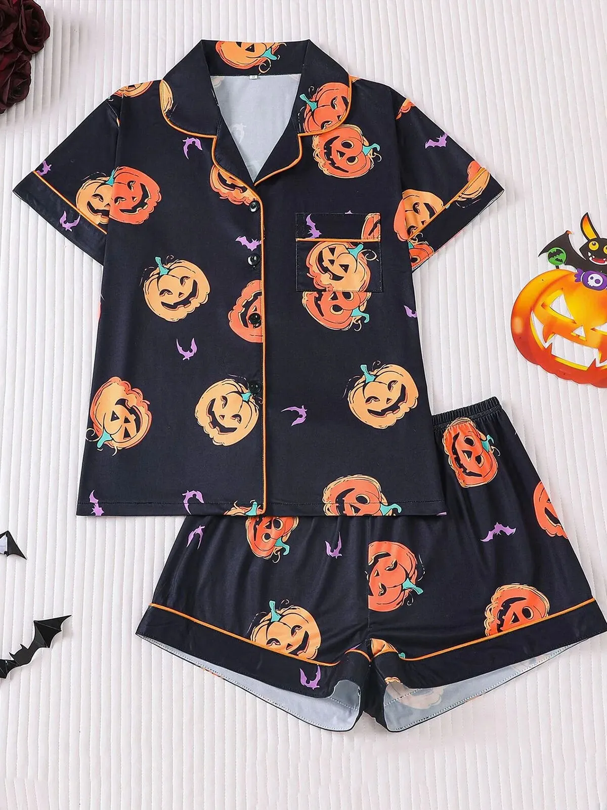 Halloween Women's Sleepwear Set, Soft Button Front Shirt & Elastic Shorts, 1 of 6
