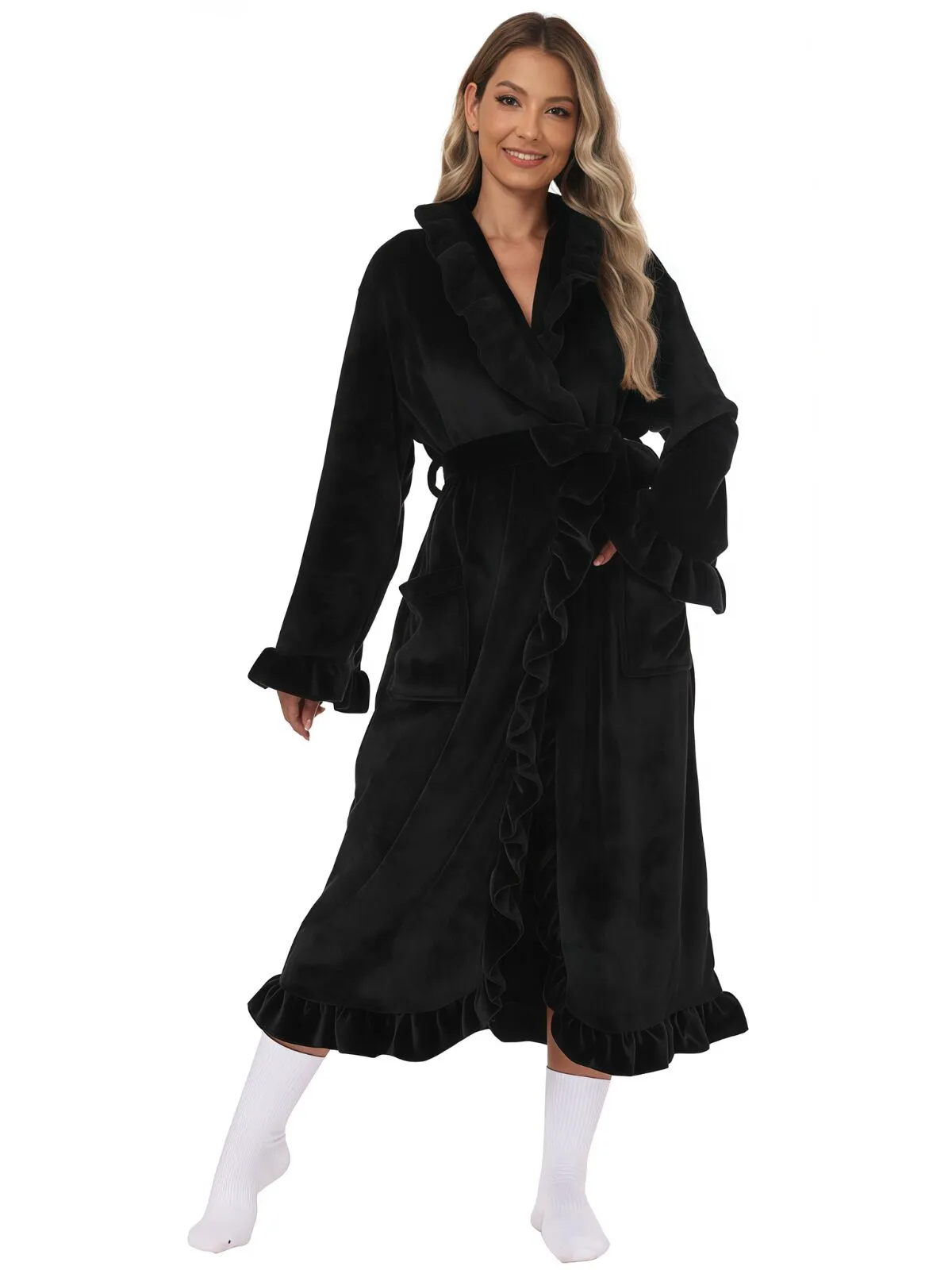 1pc Solid Fitted Long Sleeve Flannelette Robe with Ruffle Hem Cozy Warmth and Elegant Style, Thick and Soft Layered Bathrobe, 1 of 5
