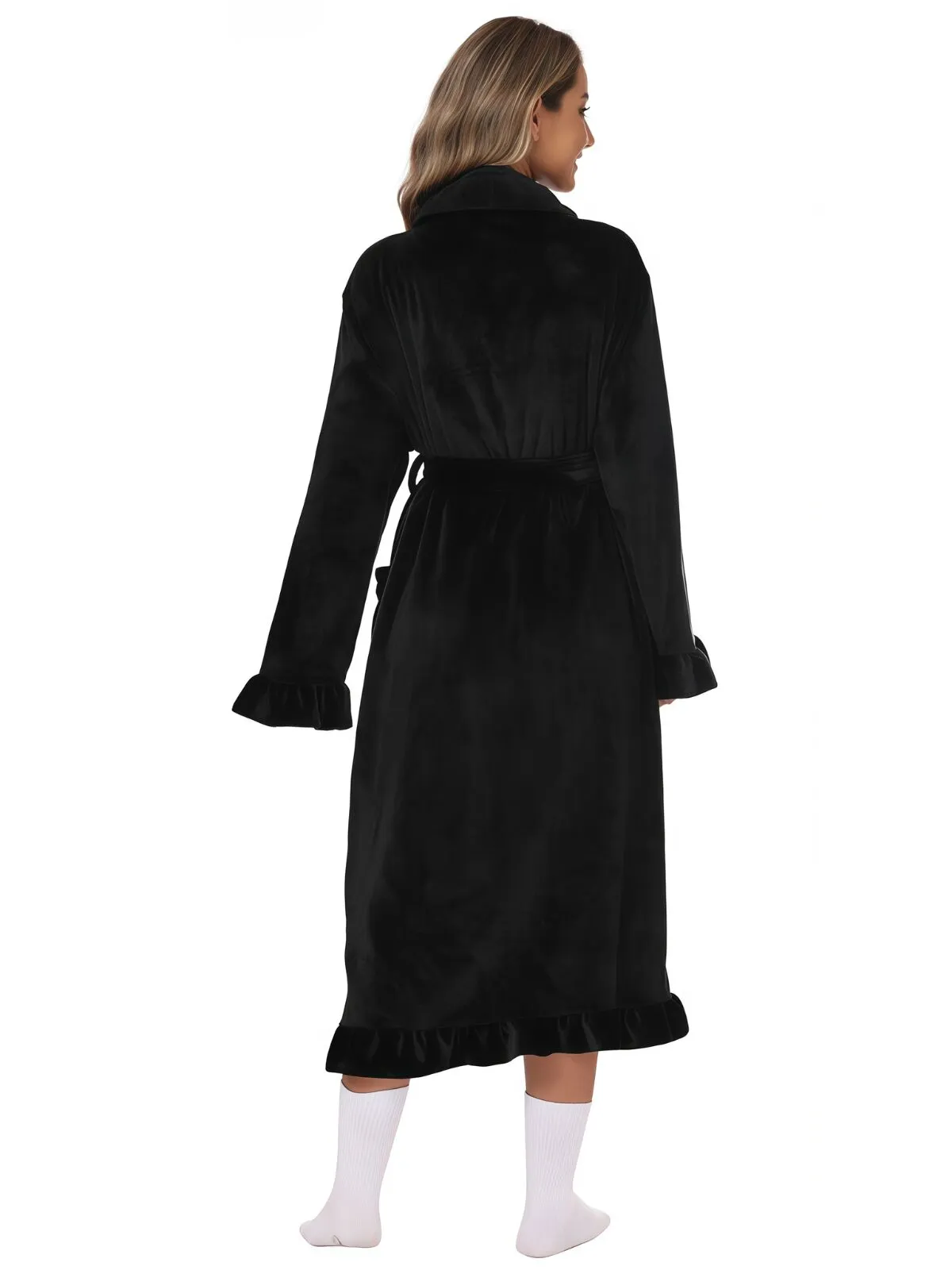 1pc Solid Fitted Long Sleeve Flannelette Robe with Ruffle Hem Cozy Warmth and Elegant Style, Thick and Soft Layered Bathrobe, 2 of 5
