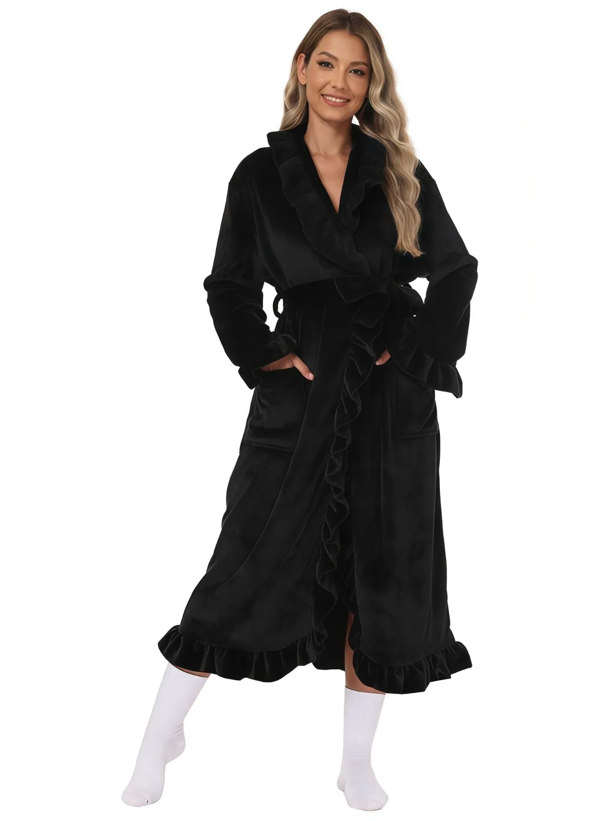 1pc Solid Fitted Long Sleeve Flannelette Robe with Ruffle Hem Cozy Warmth and Elegant Style, Thick and Soft Layered Bathrobe, 3 of 5