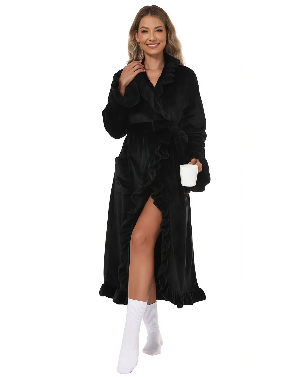 1pc Solid Fitted Long Sleeve Flannelette Robe with Ruffle Hem Cozy Warmth and Elegant Style, Thick and Soft Layered Bathrobe, 4 of 5
