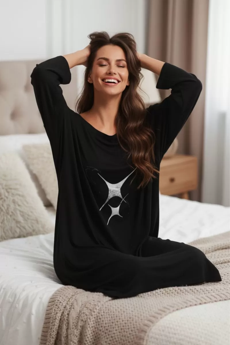 Plus Size 1pc Star Comfortable Long Sleeves Nightgown With Pocket, 4 of 6