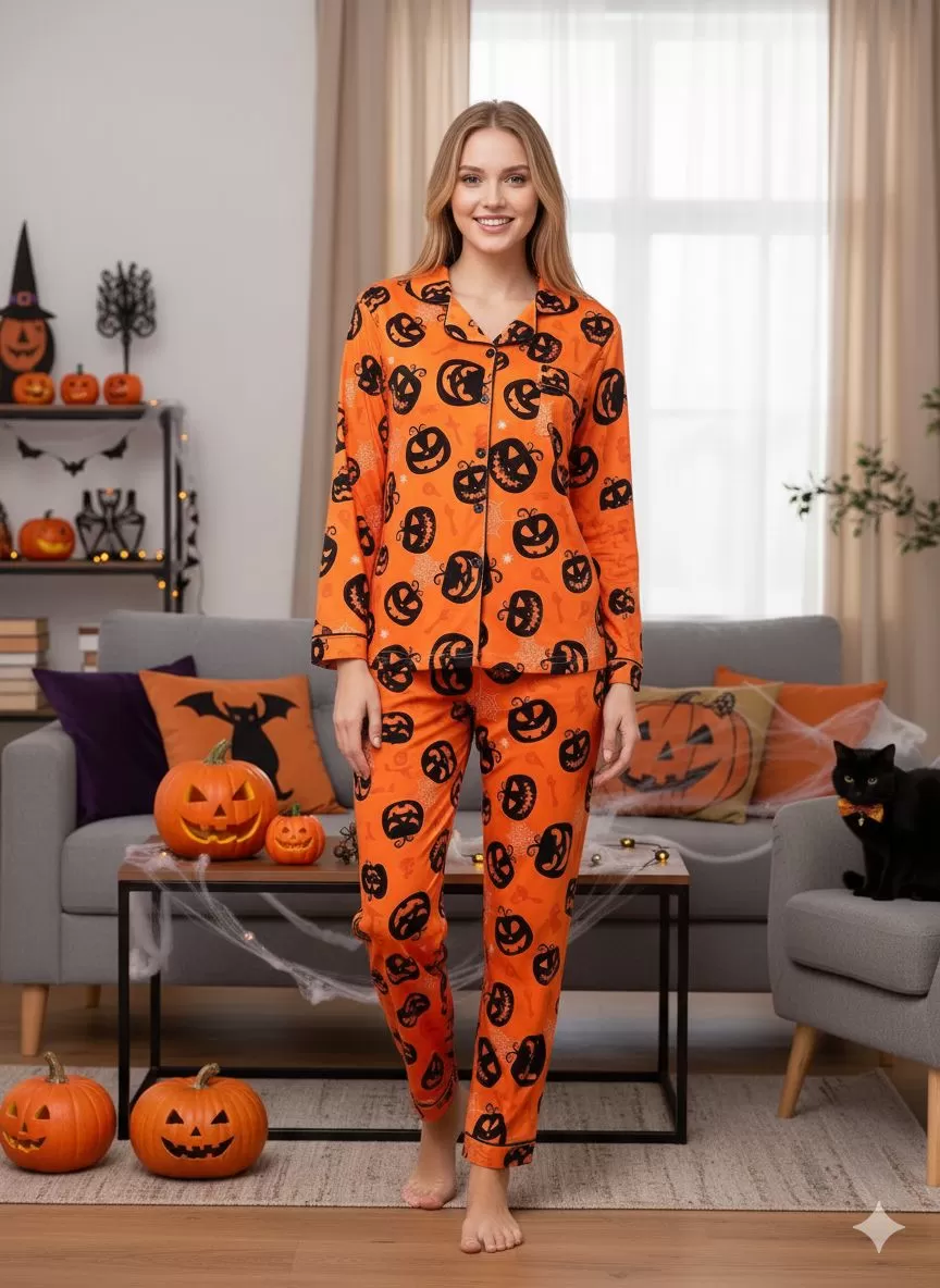 2pcs Halloween Funny Pumpkin Print Pajama Pants Set, 1 of 9
