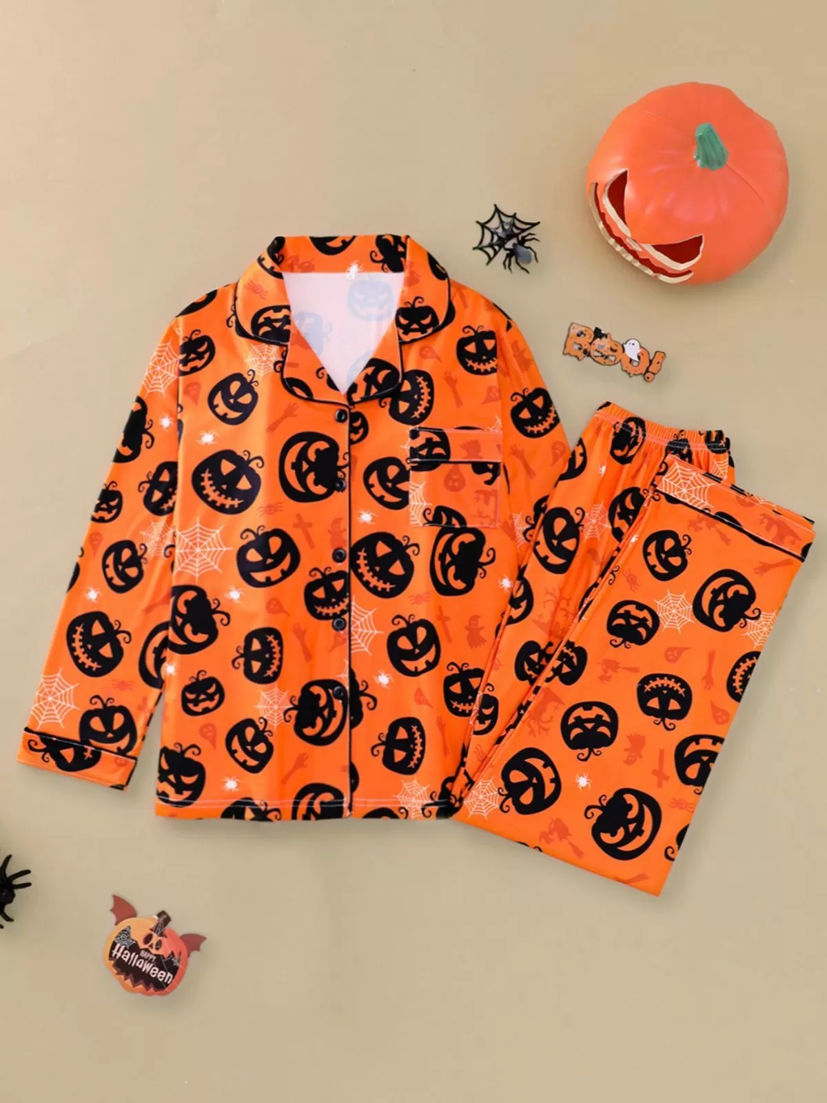 2pcs Halloween Funny Pumpkin Print Pajama Pants Set, 2 of 9