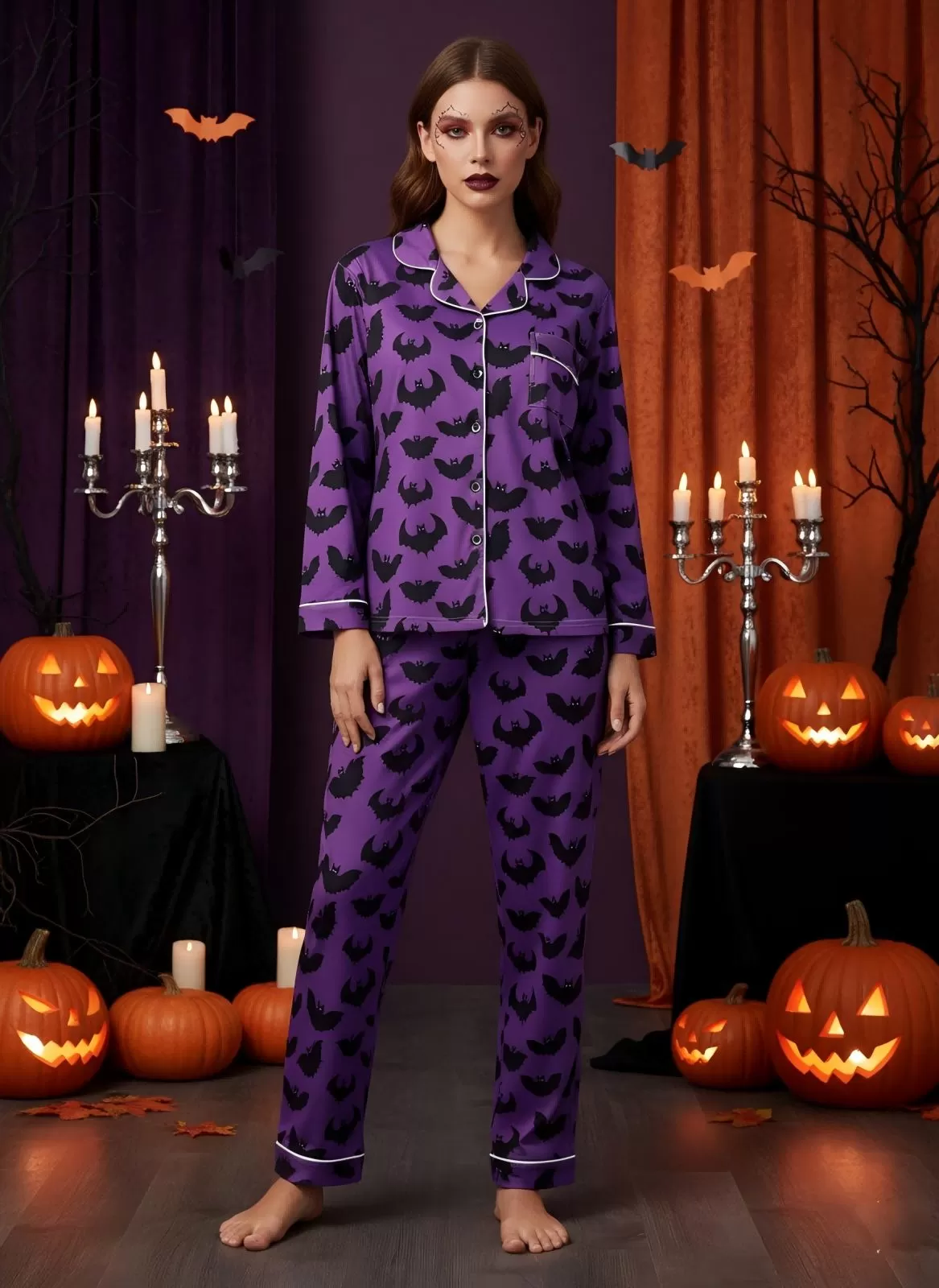 2pcs Halloween Bat Print Pajama Pants Set, 1 of 9