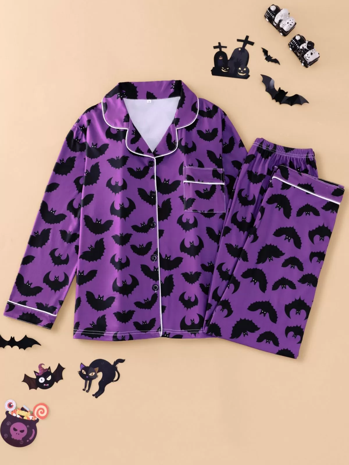 2pcs Halloween Bat Print Pajama Pants Set, 2 of 9