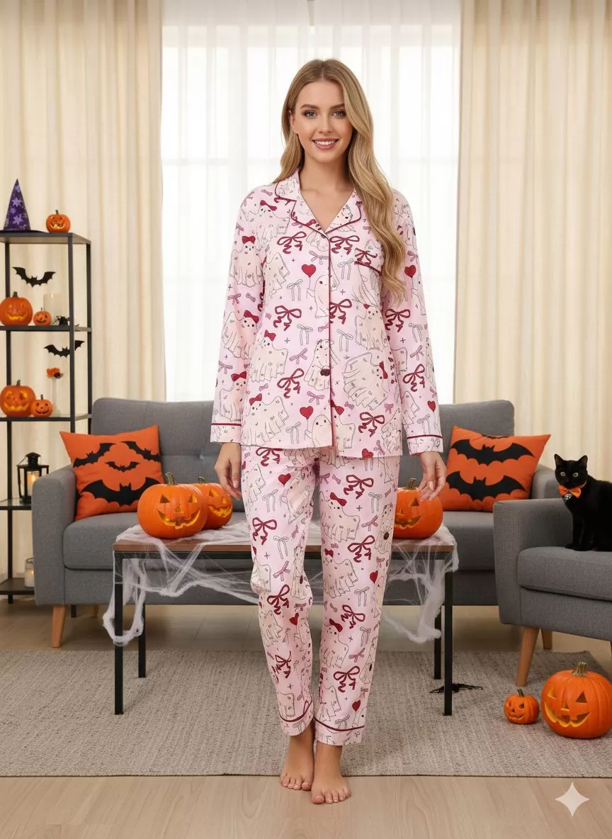 2pcs Halloween Pink Bow Pajama Pants Set, 1 of 10