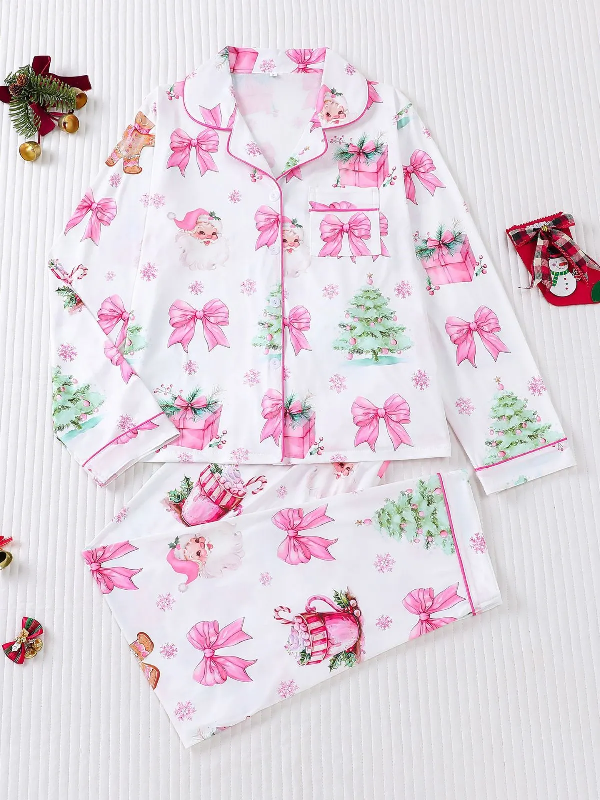 Christmas Bow & Tree Graphic Printed Pajama Pants Set, 1 of 8