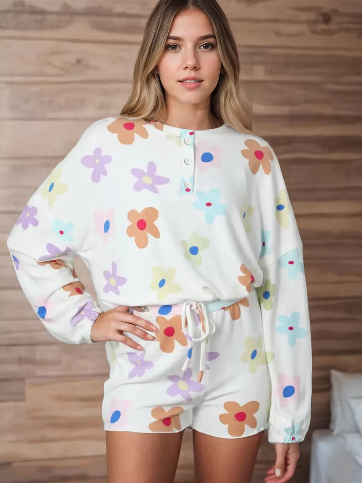 Floral Knit Round Neck Long Sleeve Blouse & Straight Leg Pants, 2 of 4