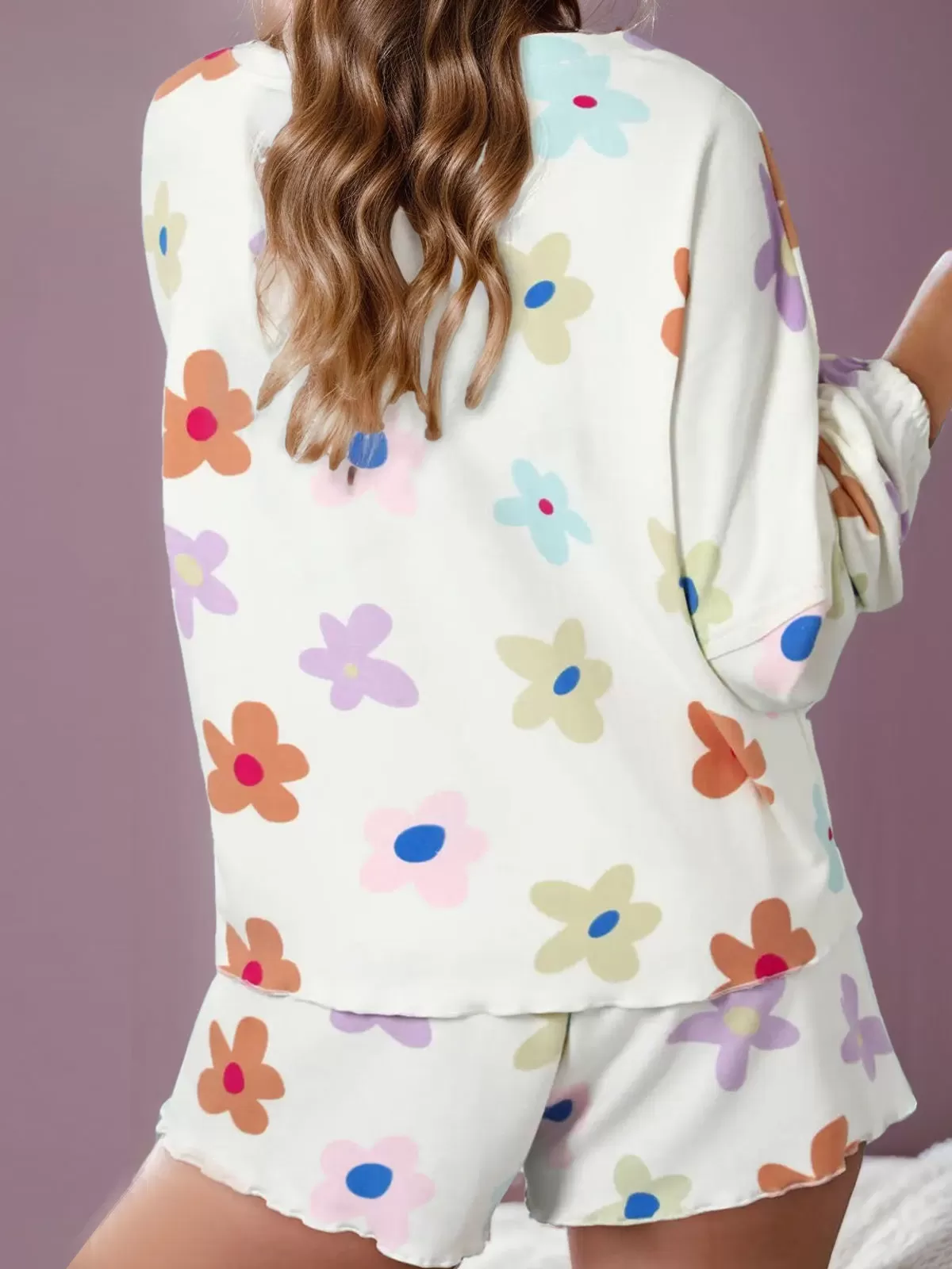 Floral Knit Round Neck Long Sleeve Blouse & Straight Leg Pants, 3 of 4