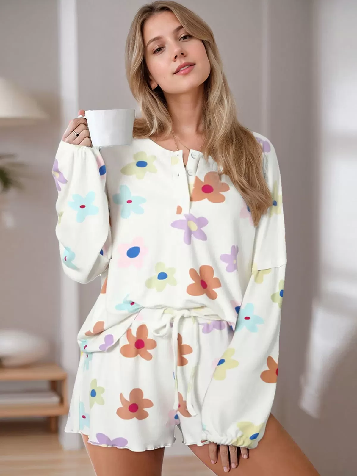 Floral Knit Round Neck Long Sleeve Blouse & Straight Leg Pants, 4 of 4