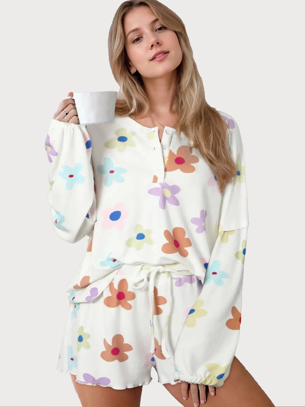 Floral Knit Round Neck Long Sleeve Blouse & Straight Leg Pants | DRESSIN