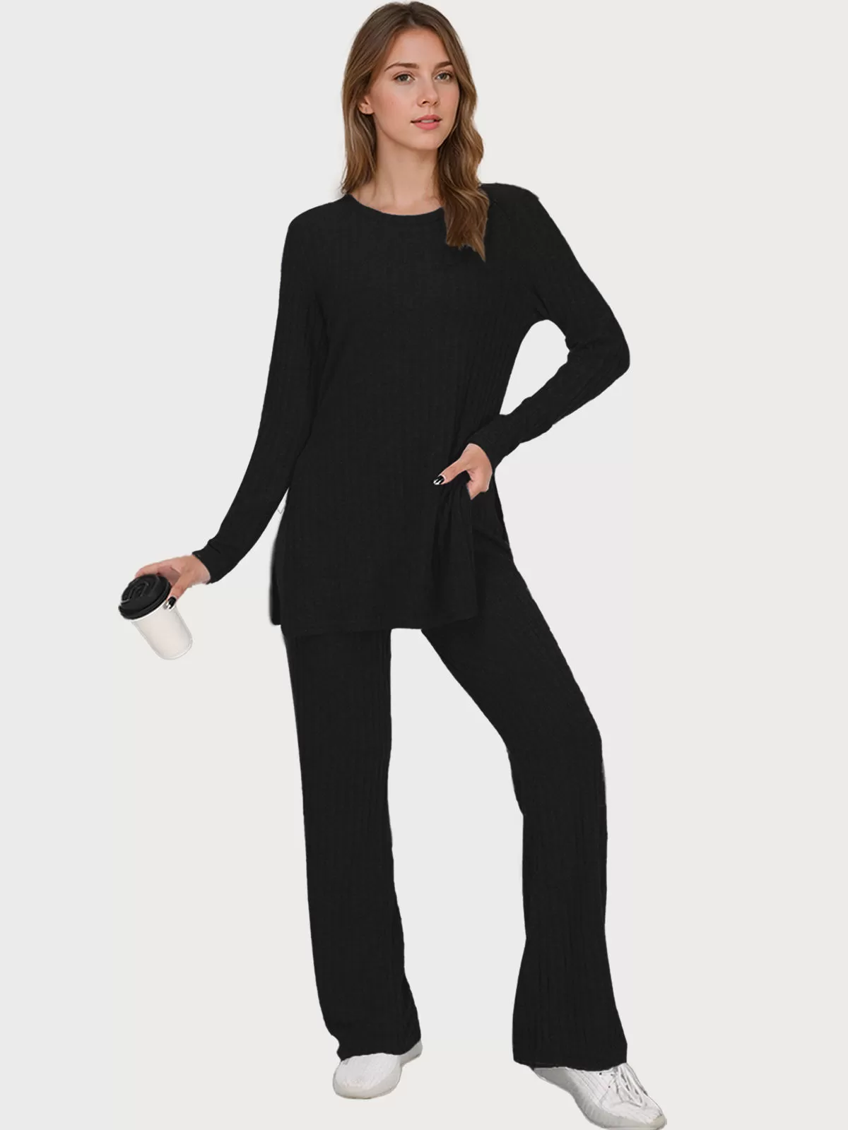 Solid Long Sleeve T-shirt & Solid Fabric Pants, 1 of 6