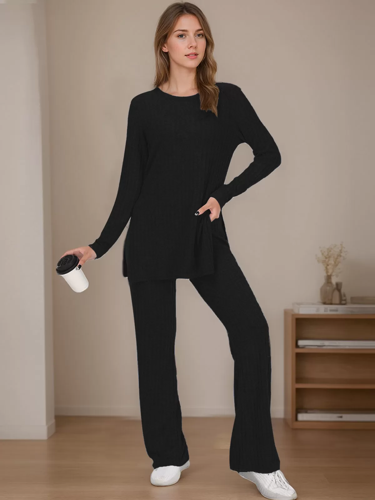 Solid Long Sleeve T-shirt & Solid Fabric Pants, 6 of 6