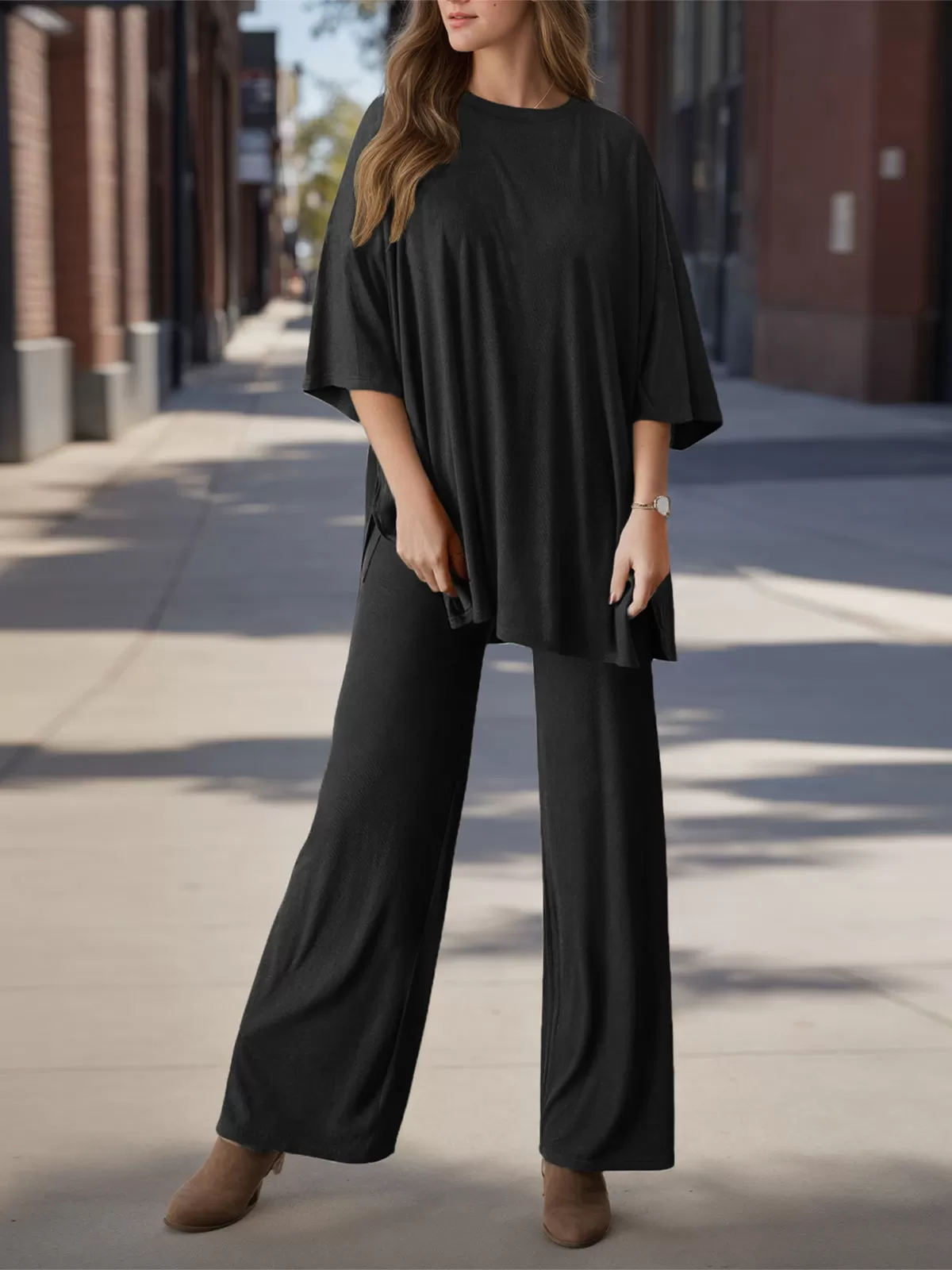 Solid Round Neck Half Sleeve Knit Two-piece Outfits, 2 of 5