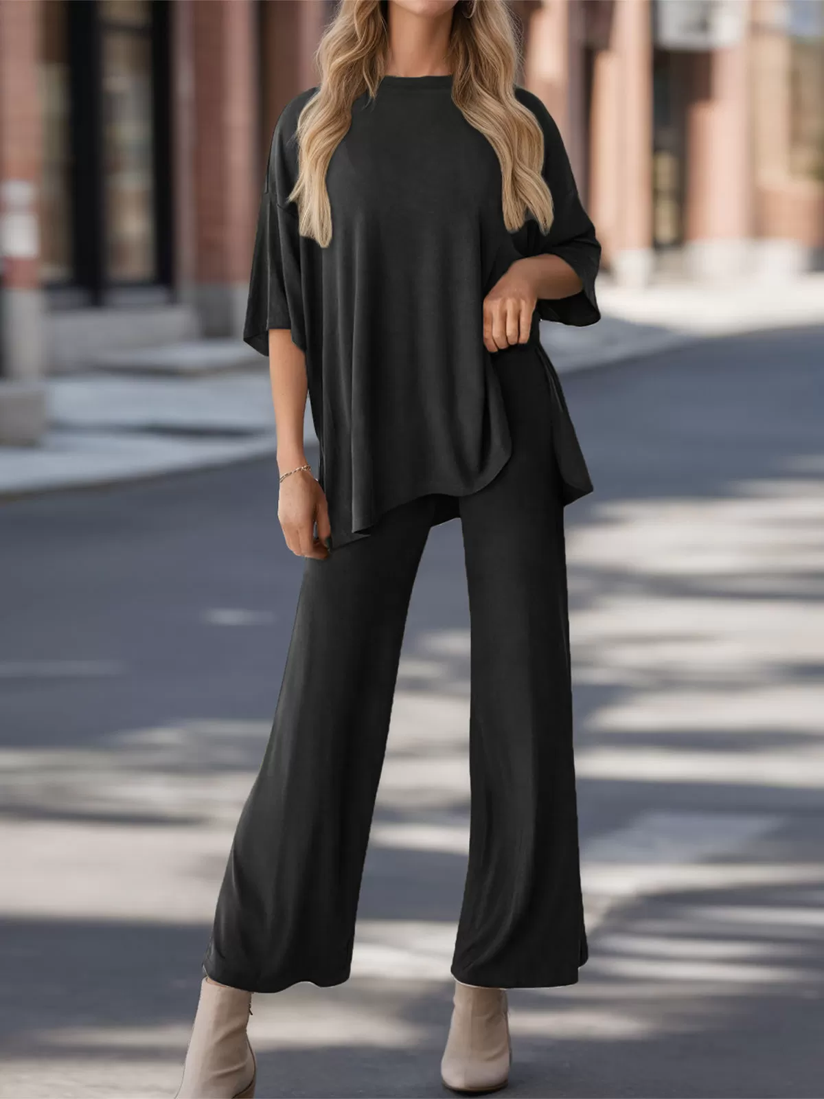 Solid Round Neck Half Sleeve Knit Two-piece Outfits, 3 of 5