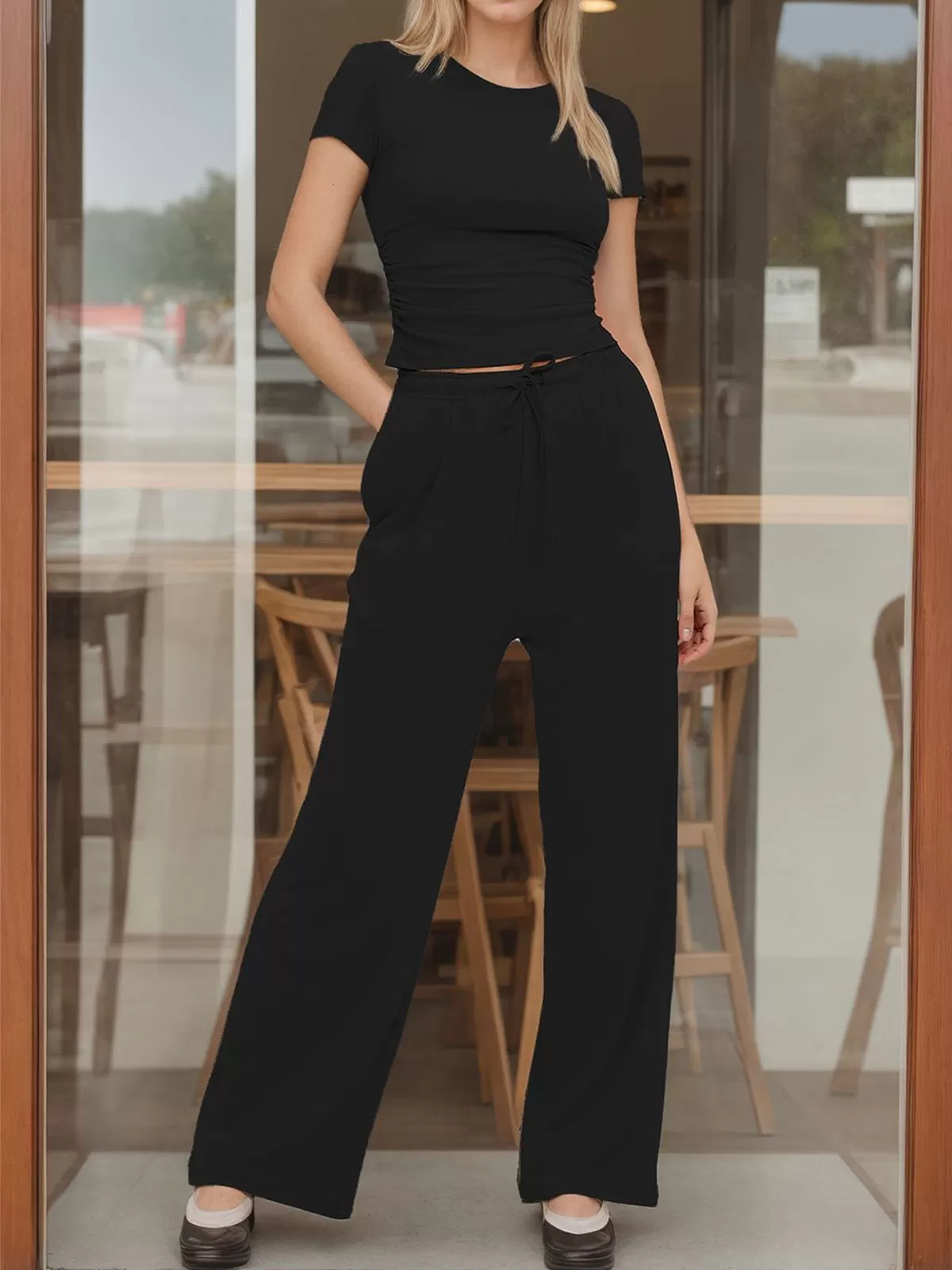 Solid Short Sleeve Wrinkle T-shirt & Solid Palazzo Pants, 2 of 5