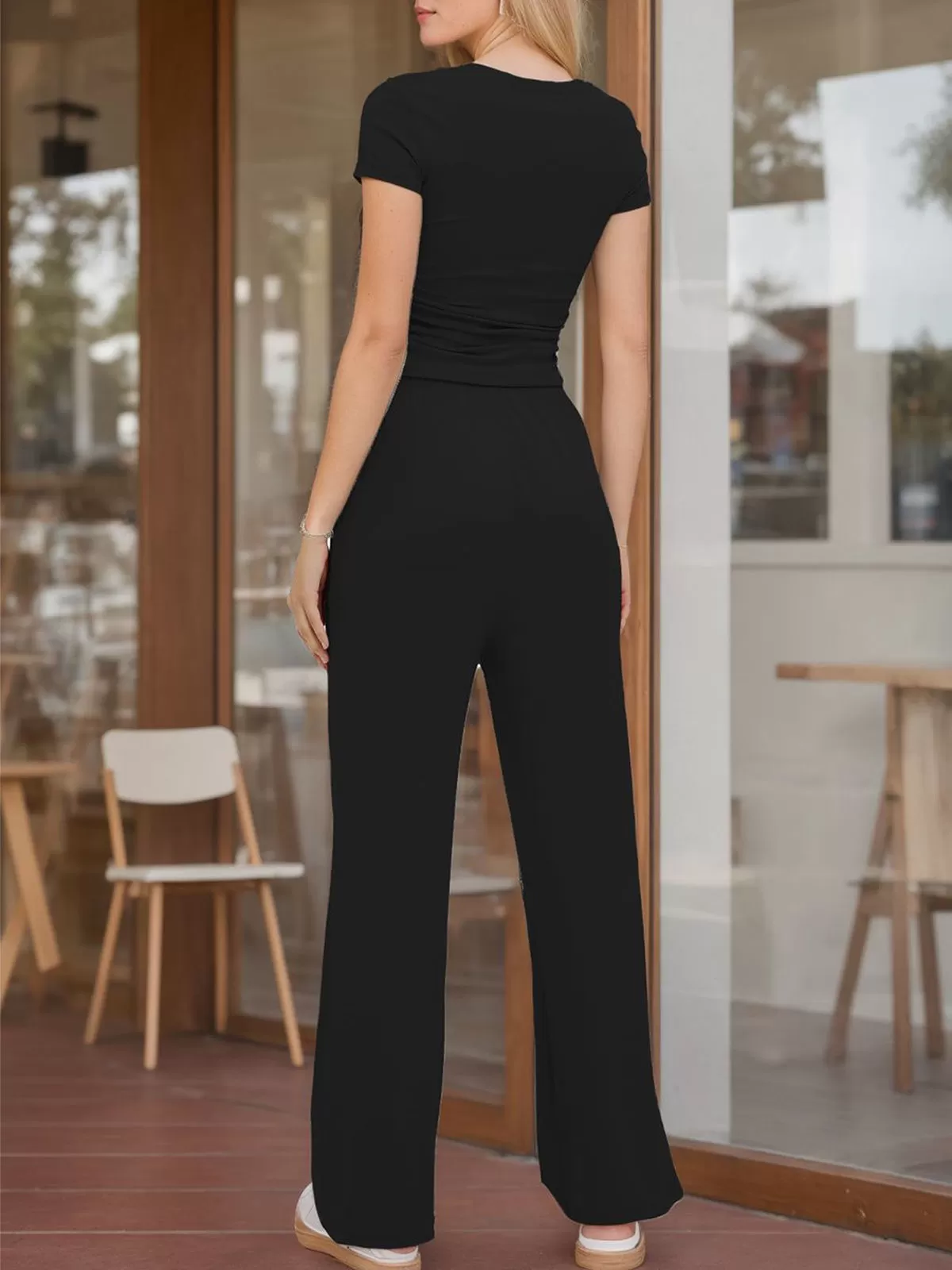 Solid Short Sleeve Wrinkle T-shirt & Solid Palazzo Pants, 4 of 5