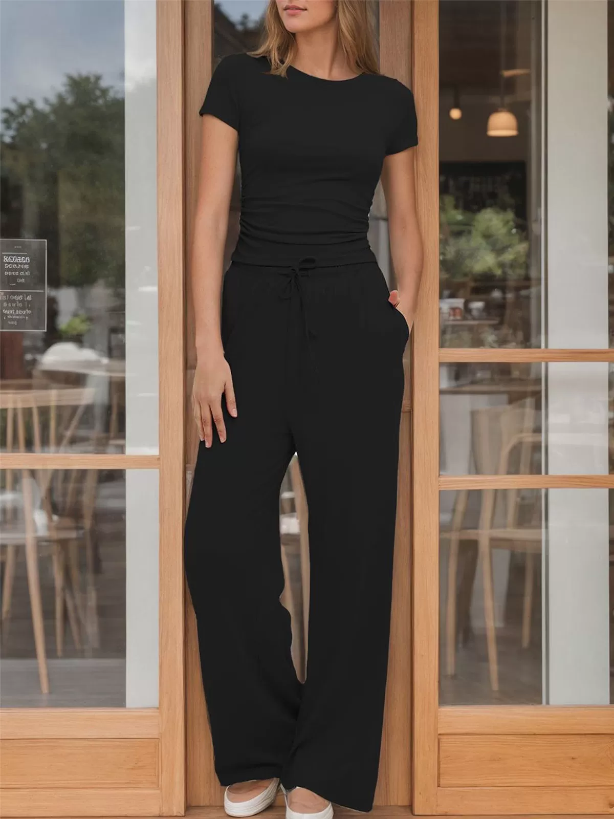 Solid Short Sleeve Wrinkle T-shirt & Solid Palazzo Pants, 5 of 5