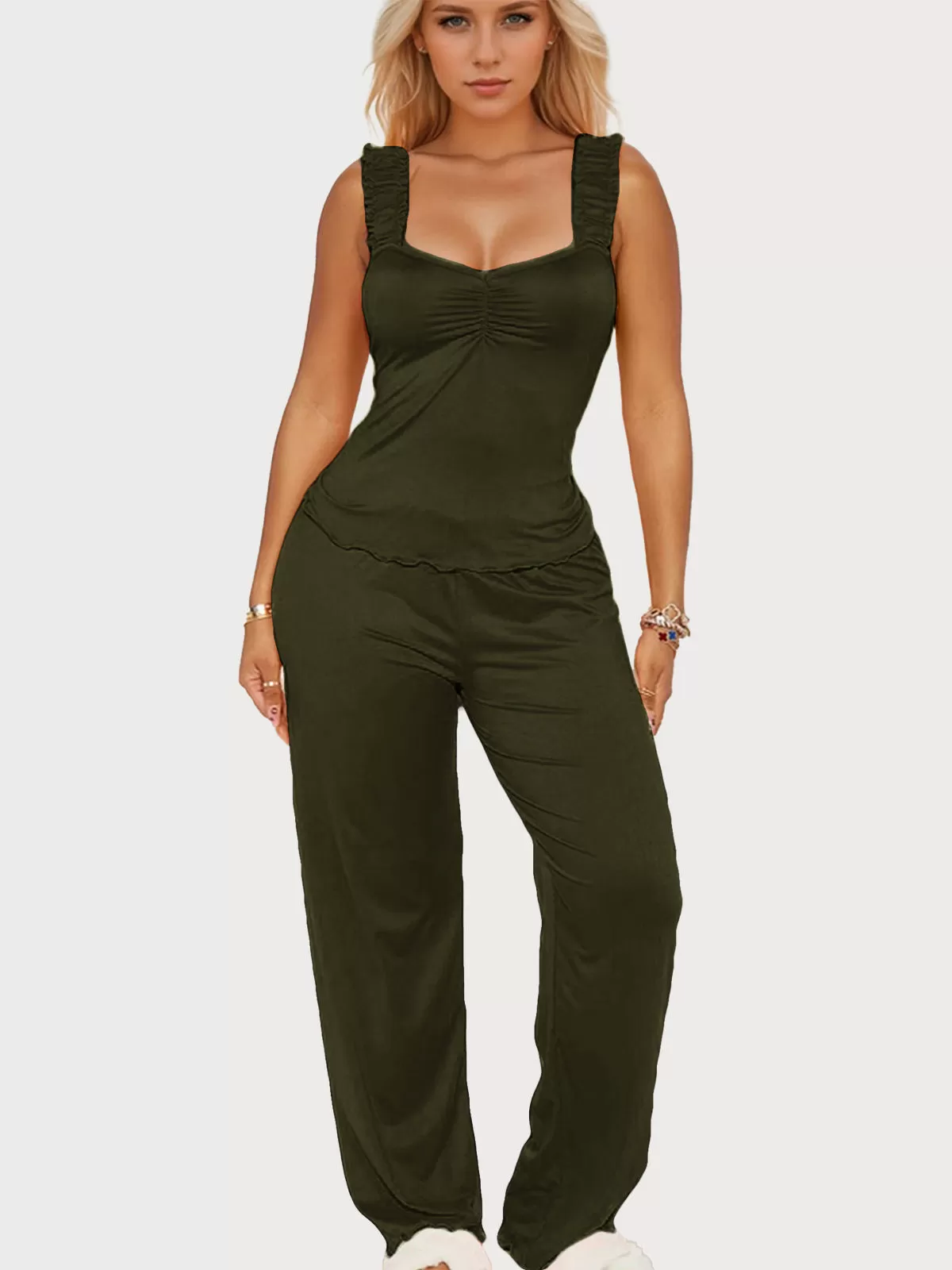 Solid Tank & Solid Drawstring Waist Straight Leg Pants, 1 of 5