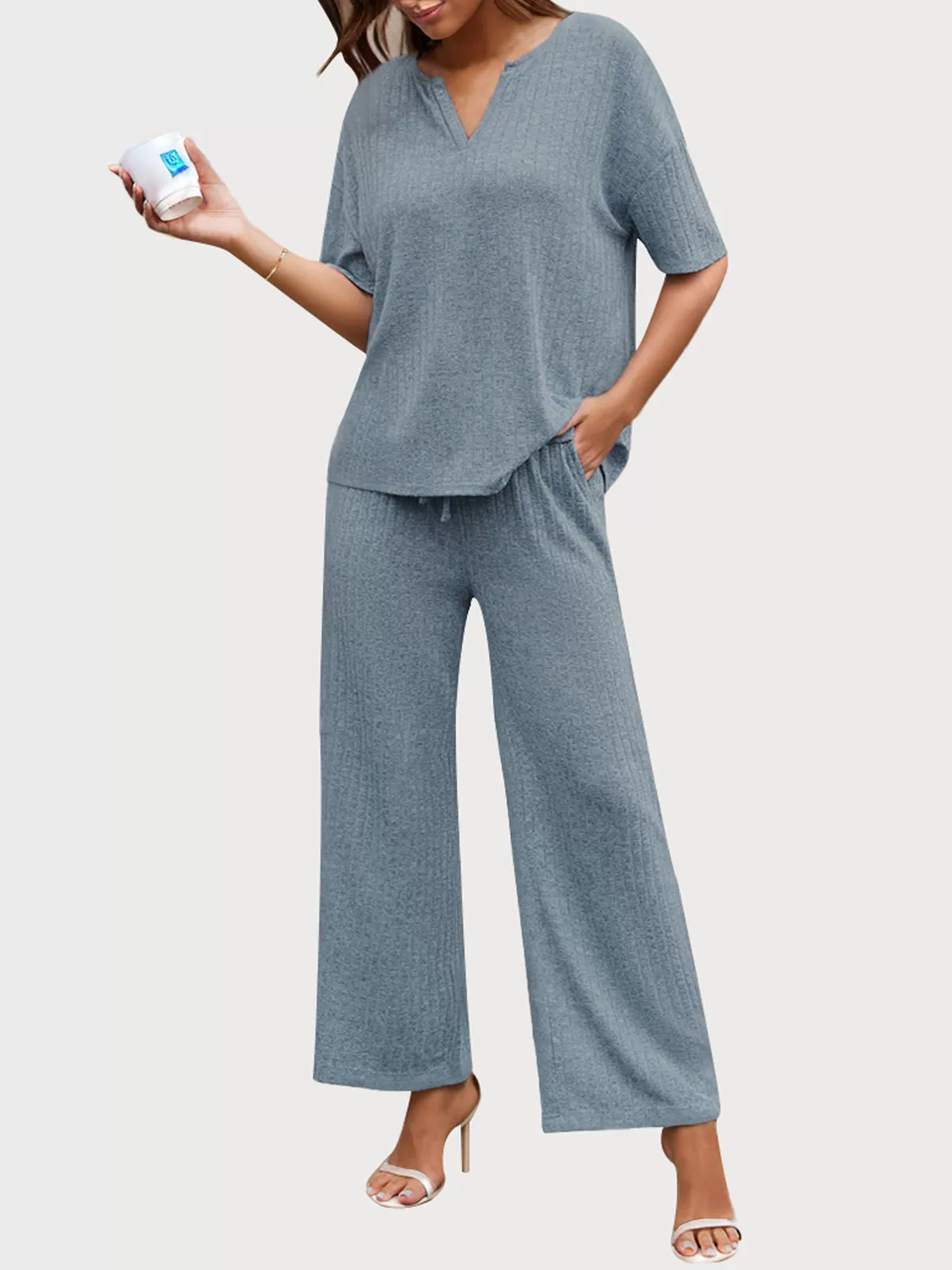 Solid Short Sleeve V Neck Top & Solid Fabric Pants, 1 of 6