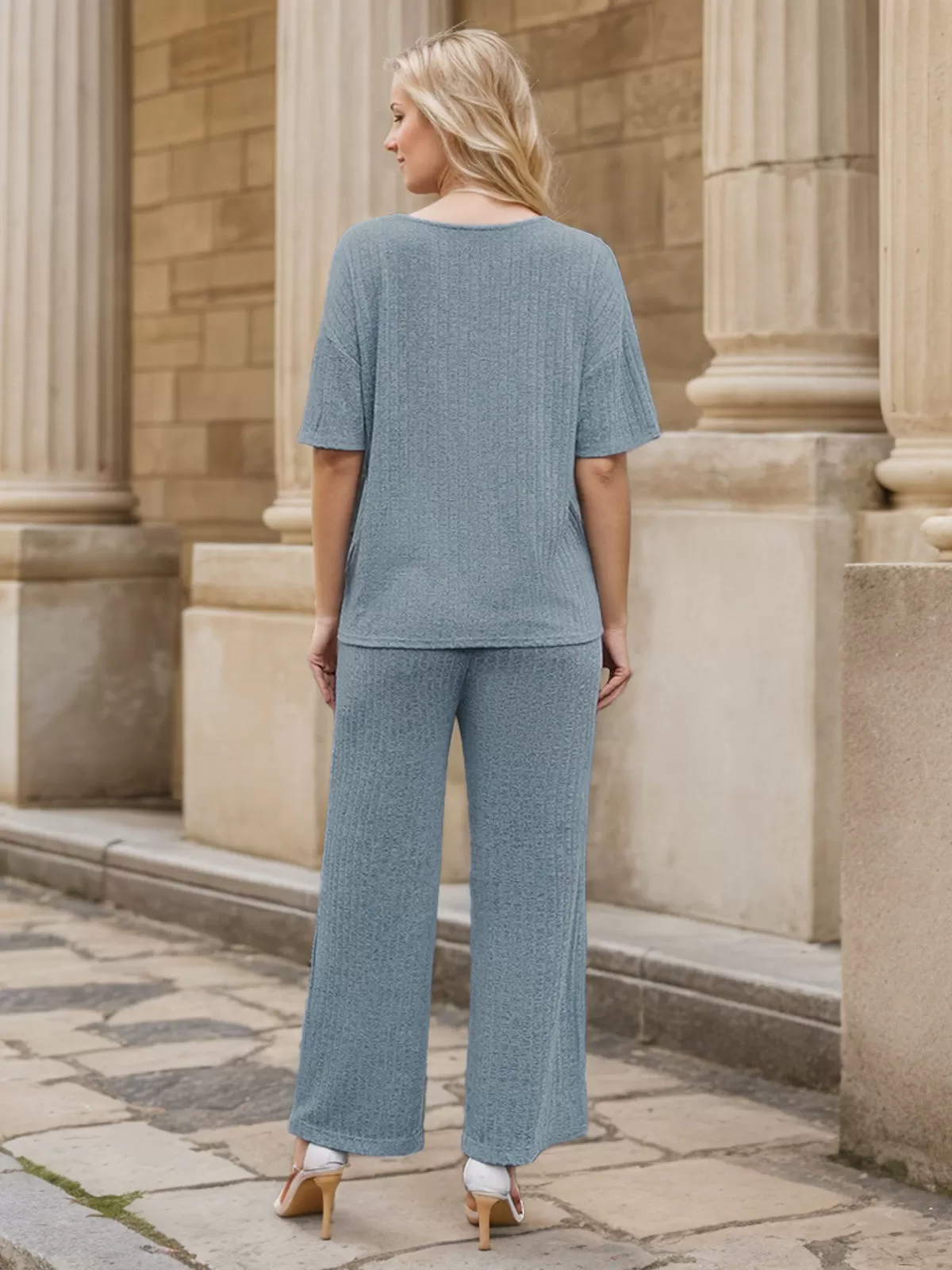 Solid Short Sleeve V Neck Top & Solid Fabric Pants, 2 of 6